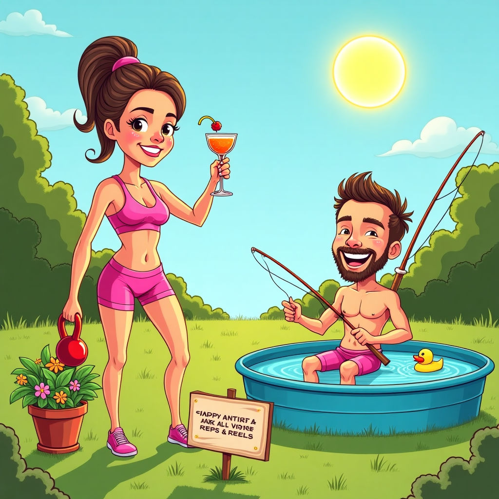 Yummy mummy exercising and gardening and husband happy fly fishing Anniversary Card