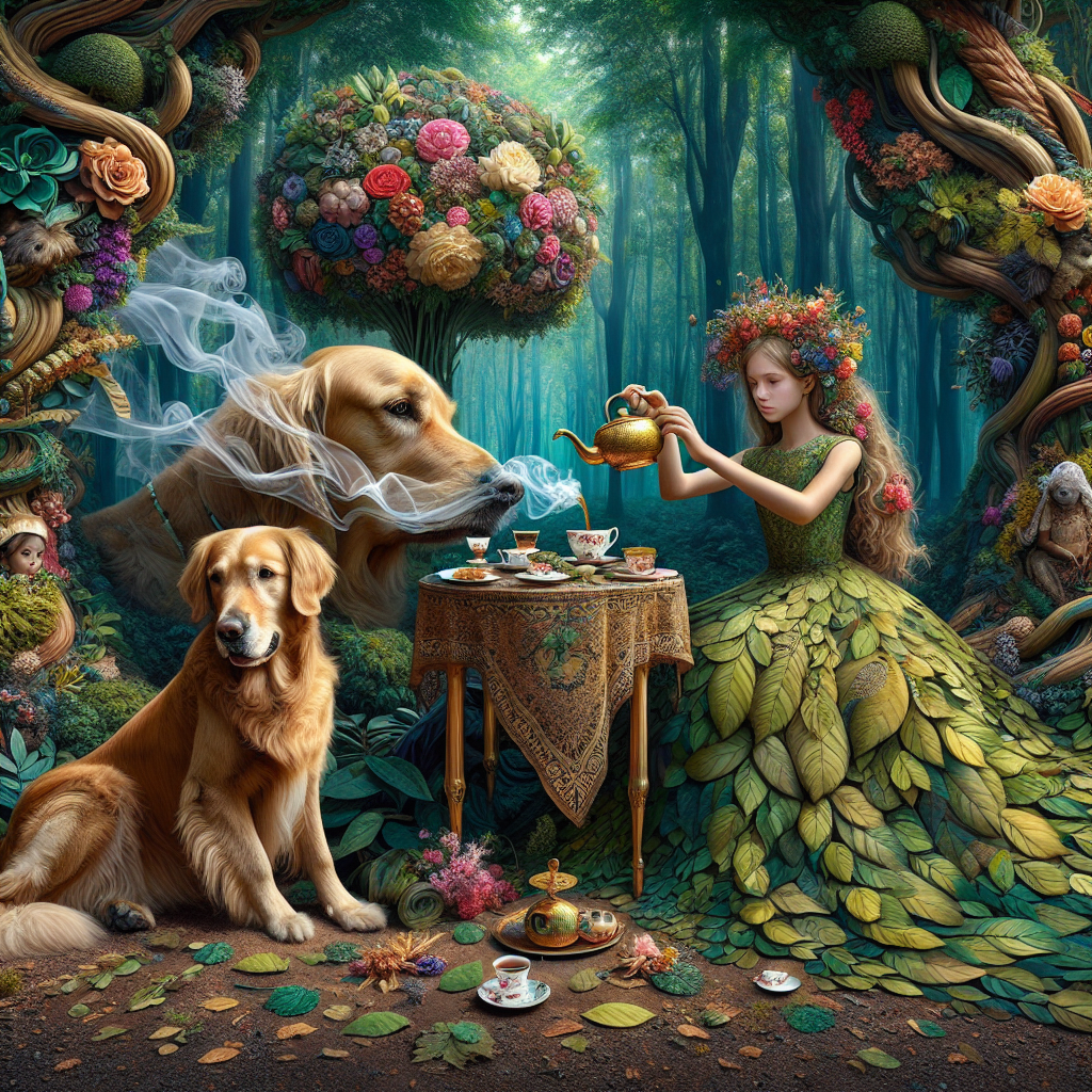 In a surrealistic setting, the 16th birthday of a young Caucasian girl is transformed into an enchanting tea party amidst an oversized, lush, green forest. Her golden retriever, donned with a garland of vibrantly colored flowers, sits with regal poise beside the intricately designed tea table. Her South Asian niece, dressed in a gown imprinted with subtle leaf motifs, pours a steaming cup of aromatic tea. The hot steam merges effortlessly with the surrealistic, exaggerated foliage around. This artwork masterfully blends reality with flights of fancy and encapsulates the spirit of celebration in a rich color palette of lush greens, shimmering golds, and the warm, deep hues of familial affection.
Generated with these themes: 16 years old birthday, Golden retriever , Plants, Niece, Tea party, and Olivia .
Made with ❤️ by AI.