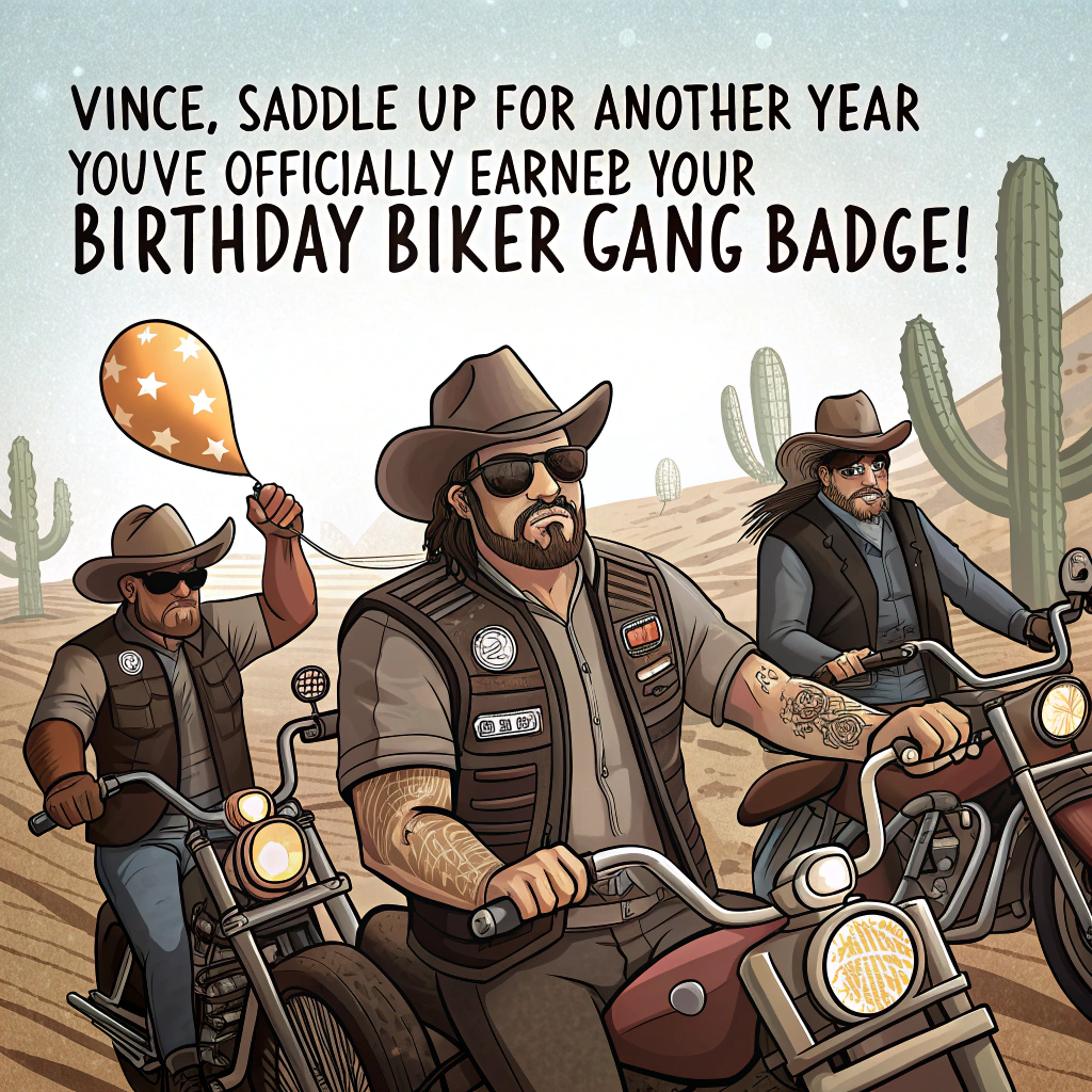 At the top of the image, "Vince, saddle up for another year—you've officially earned your Birthday Biker Gang badge!"

– The image should be a realistic, humorous photograph-style scene featuring a gang of tough-looking cowboys, a mix of Black and Caucasian men, all wearing leather vests, cowboy hats, and sunglasses. They're heavily tattooed and perched on chromed-out motorcycles, lined up dramatically in the desert. One is holding a cake with lit candles like a trophy. Another has party balloons tied to the back of his bike. They're giving Vince a nod of respect—as if he just got patched in to their rowdy birthday club. The sun sets dramatically behind them, casting long, cinematic shadows.
Generated with these themes: A gang of tattooed (some black, some Caucasian) cowboys with shades on on motorcycles .
Made with ❤️ by AI.