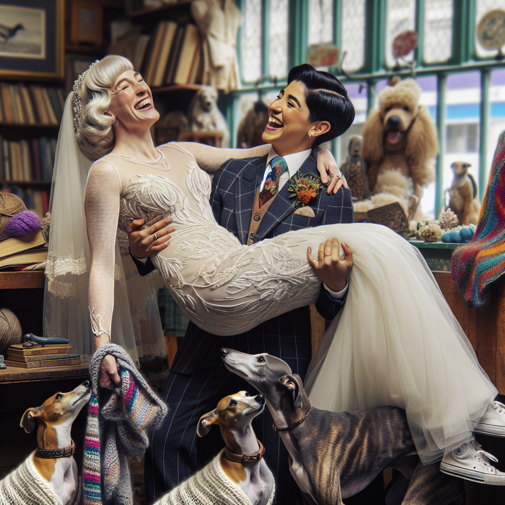 A heartwarming scene of a wedding featuring a Hispanic and Middle-Eastern lesbian couple. One bride, exuding joy, is being playfully hoisted up a rock face by her spouse, while their greyhounds watch with animated expressions below. The brides are donned in beautifully designed dresses, covered with knitted shawls symbolizing their shared interest in knitting. The setting is a cozy, quaint corner of a thrift shop, with stacks of books and retro trinkets scattered around, each object telling a tale of their shared passions.
Generated with these themes: Lesbian, Greyhounds, Thrifting, Rock climbing, and Knitting.
Made with ❤️ by AI.