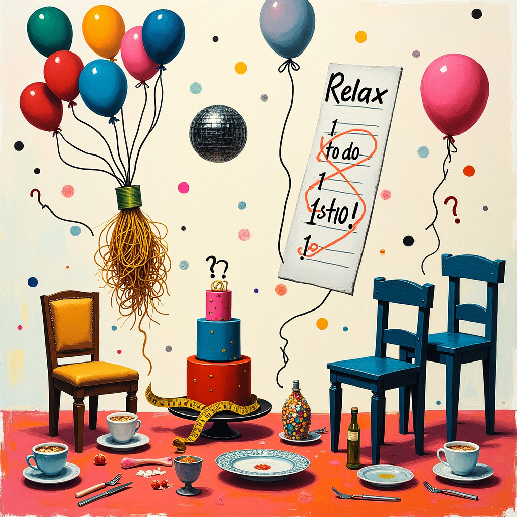 At the top of the abstract image, “Happy Mother's Day, Mom — The Event Planner So Good, Even Chaos RSVP’d!”

**Image Prompt:**  
An abstract, humorously chaotic scene with surreal decorating and party planning elements — balloons floating upside down, a disco ball made of spaghetti, a tape measure wrapped around a cake, chairs stacked like a pyramid in the background, and streamers tangled in the shape of question marks. A giant to-do list flies through the air with “Relax?” circled three times and underlined. All elements rendered in bright, playful colors with expressive, slightly messy brushstrokes — suggesting artistic chaos in motion. Bold shapes, layered patterns, and mismatched tableware hover midair, embodying the whimsical frenzy of a well-intentioned party gone abstract.
Generated with these themes: Decorating, and Event planning.
Made with ❤️ by AI.