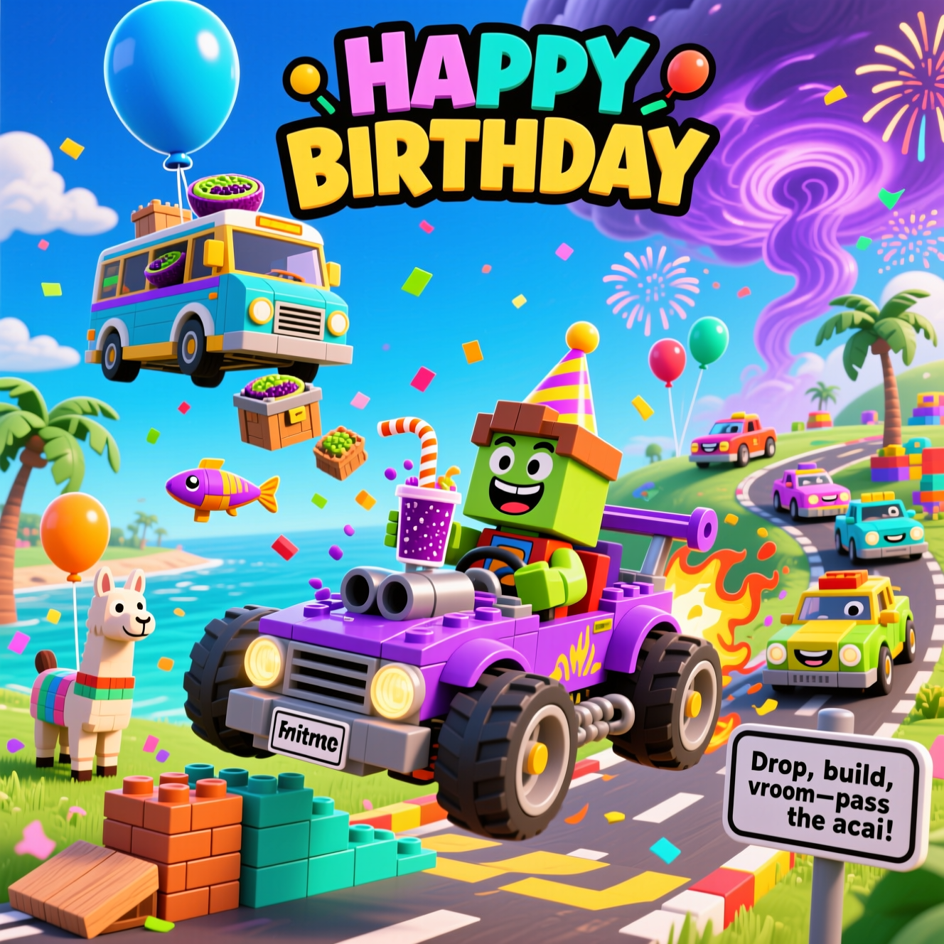At the top of the Cartoon Style image, HAPPY BIRTHDAY

A hilarious, high-energy mash-up scene: a Fortnite-style sky with a giant blue party balloon-bus floating overhead, dropping supply crates shaped like acai bowls. Below, a LEGO-style brick-built hot-rod car with comically oversized wheels drifts around a freshly popped-up ramp (Fortnite-style build pieces—wood, brick, metal) as confetti explodes. The driver is a blocky, brick-like hero with a huge grin and party hat, slurping an acai smoothie through a ridiculously long curly straw; the car’s “nitro” is a sloshing acai bowl tank, blasting purple smoothie flames. More cartoon cars made of colorful bricks fishtail behind, smiling headlights and goofy spoilers, while a cheerful llama piñata balloon waves from the sidelines. A bright racetrack winds across a sunny battle-island with palm trees, a distant purple storm swirl, balloons, and fireworks. Thick black outlines, exaggerated proportions, squishy chibi vibes, and bright saturated colors (neon purple, aqua, lime, sunshine yellow). Make the “HAPPY BIRTHDAY” text big, bubbly, and colorful above the action. Avoid real logos.

Add a small, cheeky caption near the bottom on a bumper plate or road sign:
“Drop, build, vroom—pass the acai!”
Generated with these themes: Fortnite, Lego, Cars, Acai, and .
Made with ❤️ by AI.