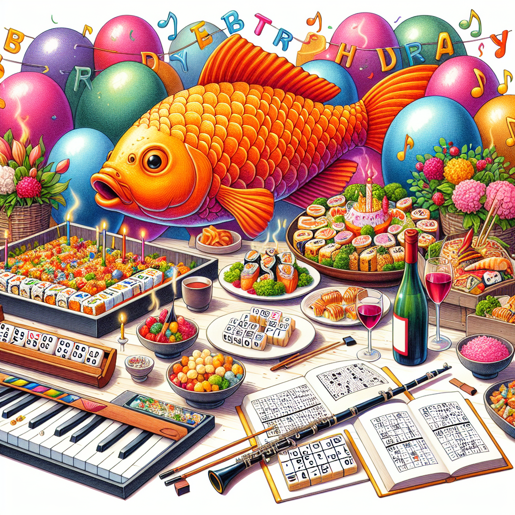 Create a joyous birthday scenario. Visualize a large, vibrant orange fish floating among a sea of bright birthday decorations. Below, a feast table filled with a mix of sushi and Korean delicacies attractively displayed in beautiful colors, inviting guests. Between the food, Sudoku puzzles are laid out, ready for enthusiastic puzzle solvers. A musical instrument, specifically a clarinet leaning against the table, emanates music notes of various colors, enriching the festive mood of the scene. A game of mahjong is happening near the corner of the table. A bottle of high-quality wine is prepared for a toast in celebration of the birthday.
Generated with these themes: Magikarp, sudoku, sushi, korean food, clarinet, wine, mahjong.
Made with ❤️ by AI.