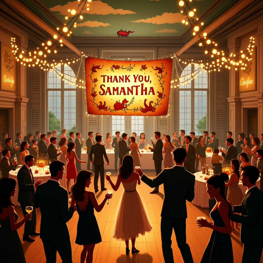 Crowd high-energy dancing in semi-formal attire in large elegant windowless wooden room with strand lights, New York Marquee, Fall trees in New York, Multiple races represented, Cocktail bar, and Dining tables Thank-you Card