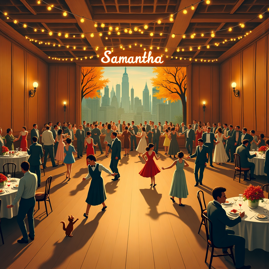 In the center of the card, imagine a large, windowless, wooden ballroom brimming with lively energy, reminiscent of a Norman Rockwell painting with a touch of Maurice Sendak's whimsical flair. The room's polished wooden walls gleam under the gentle glow of strand lights that zigzag across the ceiling, casting a warm, inviting light. In the heart of the room, a diverse crowd is caught in mid-dance, their semi-formal attire flowing and spinning as they move to an invisible, energetic tune. Picture a couple doing the Charleston, another twirling in a swing dance, all amidst a sea of joyous laughter and rhythmic movement.

Above this festive scene, there's a marquee with the word "Samantha" illuminated in vintage New York-style lights, cleverly integrated as part of the décor, suggesting she is the guest of honor. This marquee is propped up against a back wall, where wooden panels serve as a subtle yet elegant backdrop.

In one corner, a cocktail bar designed like something out of an Edward Gorey sketch stands, with an elegantly dressed bartender shaking colorful cocktails and serving them to patrons leaning against the bar, engaged in animated conversations. Adjacent to the bar, dining tables are set up with beautifully arranged fall foliage centerpieces—reds, oranges, and golds—echoing the autumn trees of New York, their colors spilling over in the illustrations like something Maxfield Parrish might dream up.

On the far wall, where you'd expect windows, there’s a stunning mural of New York in the fall, trees with leaves in vibrant autumnal hues. The mural, reminiscent of an Arthur Rackham illustration, adds depth to the room and brings a touch of the outside world in. Subtle yet striking, a diverse group of people dances before this backdrop, each ethnicity beautifully rendered, showcasing a tapestry of cultures in this joyous celebration.

Incorporating whimsical details à la Beatrix Potter, a small mischievous squirrel in a tiny tuxedo sneaks under the dining tables, nibbling on stray hors d'oeuvres, while a playful cat naps atop the bar, adding charm and humor to the scene. This bustling ballroom is a tapestry of life, a visual thank you capturing the spirit of gratitude in the most festive of forms, all dedicated to Samantha.
Generated with these themes: Crowd high-energy dancing in semi-formal attire in large elegant windowless wooden room with strand lights, New York Marquee, Fall trees in New York, Multiple races represented, Cocktail bar, and Dining tables.
Made with ❤️ by AI.
