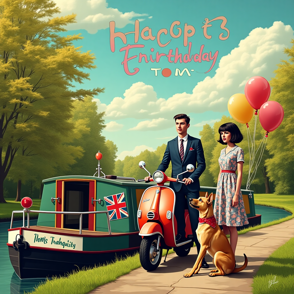 The scene is set along a picturesque canal on a bright and cheerful day, capturing a slice of life on a narrow boat. The narrow boat itself is a vibrant mosaic of colors, reminiscent of a floating 1960s living room, with retro patterns and colors like avocado green and burnt orange. Docked alongside the towpath, the boat bears the quirky name "Tom's Tranquility" prominently on its side, doubling as a birthday nod to Tom. 

On the towpath beside the boat, a vintage Lambretta scooter rests with gleaming chrome and a Union Jack emblem on its side panel. Perched on the scooter, with an air of confident mischief, is a Caucasian male dressed in classic 1960s mod attire: a sharp, tailored suit with a skinny tie and polished shoes. Beside him, his married female partner stands, embodying the mod spirit with a chic black bob haircut and a stunning A-line dress with geometric patterns.

At their feet, a loyal German Shepherd sits attentively, wearing a red bandana around its neck, and looking up at the couple with keen, intelligent eyes. The backdrop is a tapestry of vibrant foliage, with trees whose leaves flutter in the canal breeze, creating a gentle symphony of rustling sounds.

In the sky above, fluffy clouds take the whimsical shape of letters spelling "Happy Birthday Tom!" as if sculpted by a playful, unseen hand. A few balloons float nearby, tethered to the boat's railing, adding splashes of color to the scene. The overall composition is a delightful blend of vintage nostalgia and celebratory whimsy, capturing both the love of life on a narrow boat and the spirit of the mod era.
Generated with these themes: Vintage lambretta scooter, 1960s mod , Caucasian male , Married caucasian female 60s mod black bob hairstyle, German shepherd, and Lives on narrow boat.
Made with ❤️ by AI.