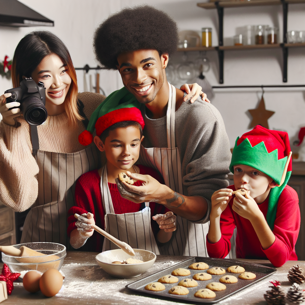 A cozy Christmas kitchen scene features the mom and dad engaged in baking cookies, with flour dusted on their aprons for a touch of realism. The teenage daughter, capturing the moment on camera, coordinates with her brother, both wearing elf hats, as they sneak a cookie from the tray, adding a layer of cute mischief to the holiday festivities.
Generated with these themes: Mom, Dad, Teenage daughter, and Teenage son.
Made with ❤️ by AI.