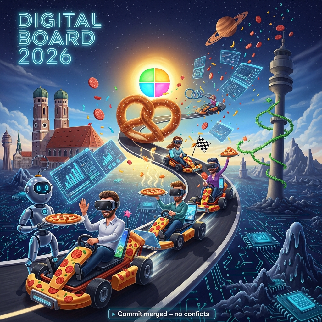AI, digital, company, team with cartoon men and women, pizza, microsoft, virtual reality, technology, Karting race, Munich city, Mannheim city, pretzel   , and Anniversary Card