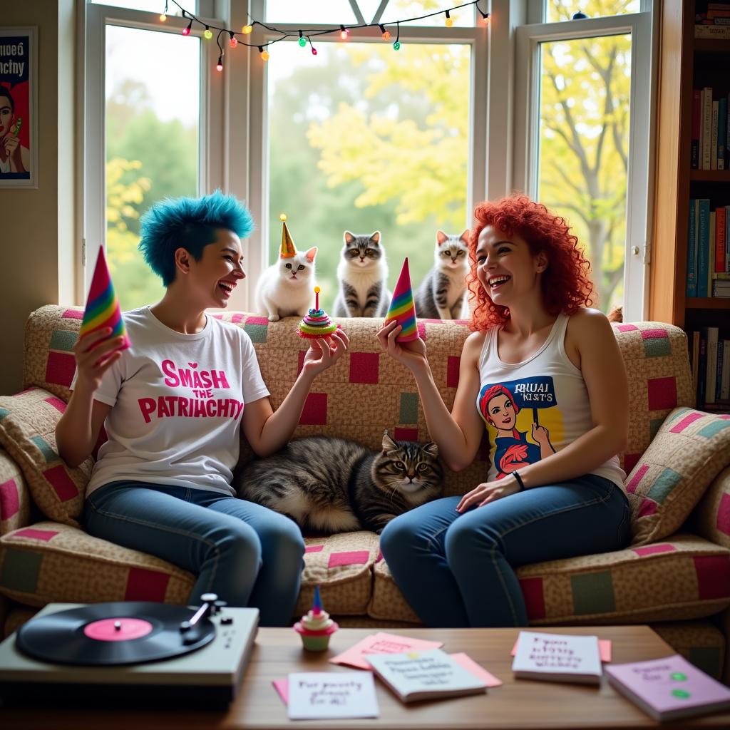 The scene captures a cozy, sun-dappled living room, where two women sit on a plush, vintage couch adorned with a colorful patchwork quilt. The woman on the left, with short, spiky blue hair, is wearing a t-shirt emblazoned with the words "Smash the Patriarchy" in bold, pink letters. She is laughing heartily, holding a vibrant, rainbow-striped party hat in her hand. Her partner, with curly, red hair cascading down her shoulders, is clad in a tank top with a cartoon cat holding a protest sign that says "Equal Rights for All". She has a mischievous glint in her eyes as she playfully balances a cupcake topped with a lit candle on her knee. A large tabby cat sprawls lazily between them, wearing a tiny party hat, with a curious look as it bats at a string of festive, twinkling fairy lights draped across the back of the couch. The room is filled with quirky, feminist-themed decorations: a poster of Rosie the Riveter on one wall and a bookshelf stacked with books featuring feminist icons and cat-themed titles. On the coffee table, there’s a vintage record player spinning a vinyl record next to a scattering of birthday cards, one of which reads, "Purr-fectly Feminist Birthday Wishes". Through the large bay window, a garden can be seen where more cats frolic among blooming flowers, adding a whimsical touch to the joyous celebration.
Generated with these themes: Lesbian, Feminism, and Cats.
Made with ❤️ by AI.