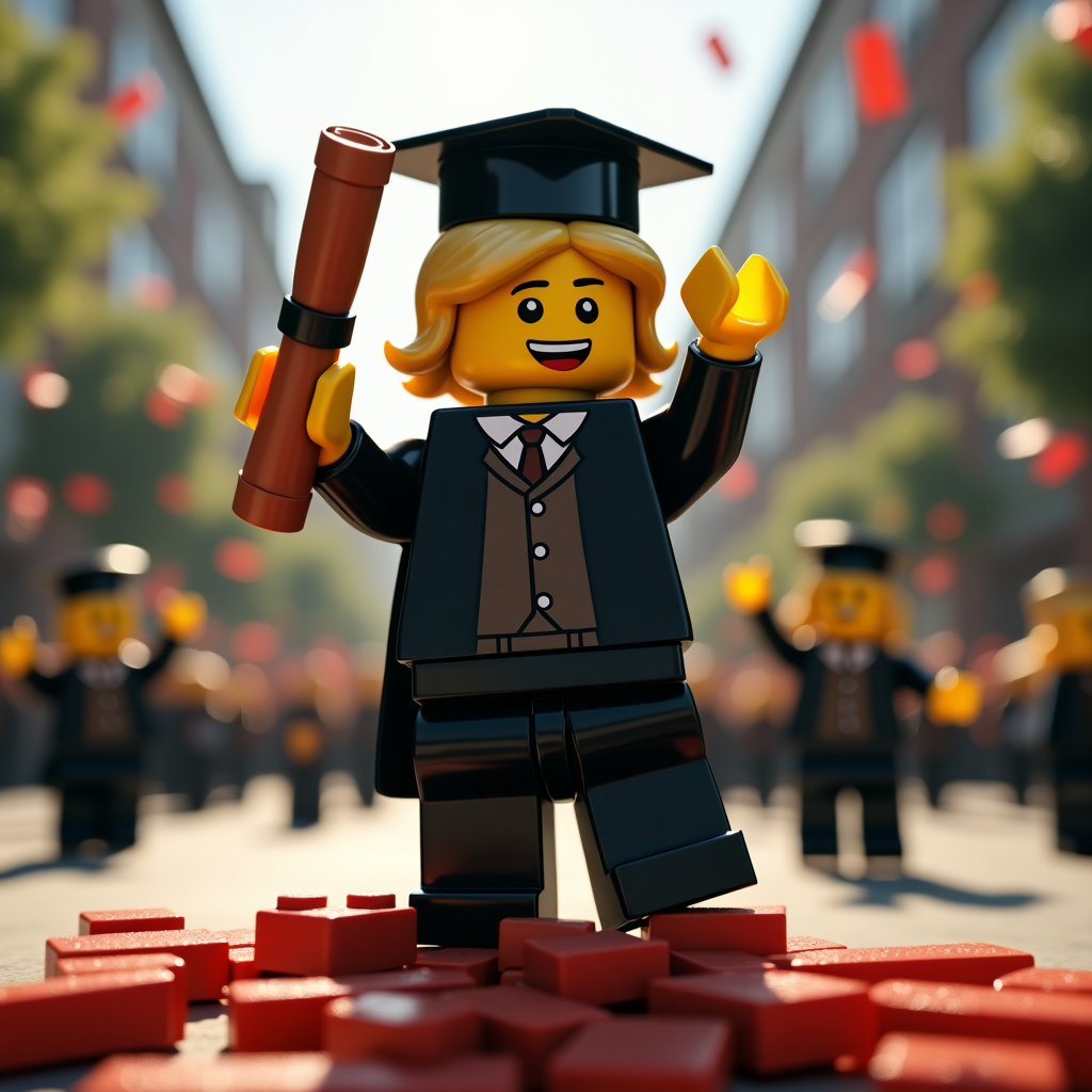 At the top of the realistic photograph image, “Lego-t a Load of This, John — You Graduated!”

Realistic photograph of a human-sized Lego-style graduation man with a blonde Lego-hair wig, dressed in a shiny black plastic graduation robe, clutching a giant, overly dramatic graduation certificate that’s almost bigger than him. He stands triumphantly atop a pile of scattered Lego bricks like he’s conquered Mount Success, with proud confetti flying in the air. The background shows a realistic school campus, blurred slightly for depth, and a crowd of other Lego figures cheering with mini plastic hats mid-air. The lighting is bright and joyful, as if caught at golden hour.
Generated with these themes: Lego Graduation Man with Blonde Hair and Certificate.
Made with ❤️ by AI.