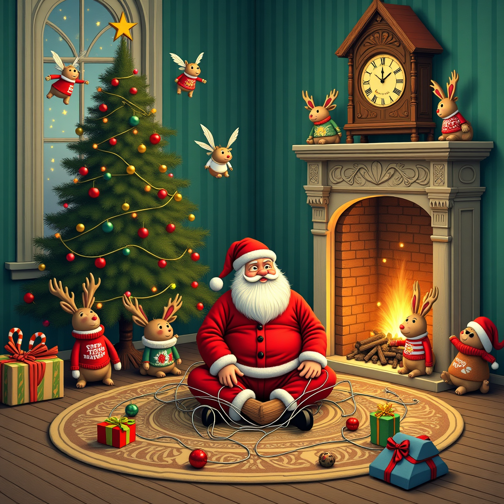 The scene unfolds in a cozy living room adorned with holiday cheer, inspired by a whimsical blend of Edward Gorey's subtle eccentricity and Beatrix Potter's charming whimsy. A towering Christmas tree, resplendent with vintage baubles and twinkling fairy lights, stands proudly in one corner. Underneath it, rather than the typical gift boxes, a series of amusingly wrapped items hint at unusual surprises: a fishing rod wrapped in a candy cane pattern, a grand piano inexplicably shrunken to the size of a shoebox, and a set of skis humorously tagged with "To: Snowman, From: Santa."

In the center of the room, a large circular rug, reminiscent of the intricate designs of Aubrey Beardsley, plays host to a delightful gathering. Santa Claus, depicted with a slightly perplexed expression reminiscent of Norman Rockwell's storytelling portraits, sits cross-legged, tangled up in an extensive strand of multicolored Christmas lights. His red suit is comically interwoven with the lights, and a mischievous twinkle shines in his eye.

Surrounding Santa are a trio of cheeky reindeer, animated in the playful style of Quentin Blake, wearing exaggerated Christmas sweaters adorned with overly festive motifs, like reindeer wearing reindeer sweaters. Their antlers are hung with stockings, each comically stuffed with improbable gifts like a rubber chicken and a miniature Eiffel Tower.

Hovering just above this gathering is a cluster of mischievous fairies, with wings shimmering in the soft glow, taking cues from Arthur Rackham's ethereal illustrations. They're playfully tugging at a giant candy cane stuck in Santa's boot, adding to the chaotic yet humorous scene.

In the background, a grand fireplace, carved with intricate designs akin to those of Gustave Doré, crackles warmly. On the mantelpiece sits a whimsical cuckoo clock, its doors open wide as a tiny elf emerges every hour, mockingly singing Christmas carols with exaggerated enthusiasm.

This detailed tapestry of comedic Christmas chaos brings together the storytelling prowess of the great illustrators while spinning an entirely new and captivating holiday tale.
Generated with these themes: funny scene.
Made with ❤️ by AI.