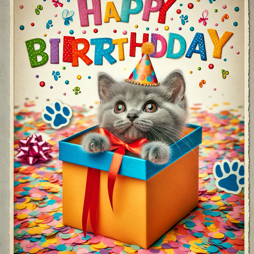 An adorable scene featuring a Russian Blue kitten peeking out from inside a birthday present box, surrounded by confetti. A banner strung across the top reads 'Happy Birthday' in playful, bold letters alongside tiny paw prints.
Generated with these themes: Russian Blue Birthday Cards.
Made with ❤️ by AI.