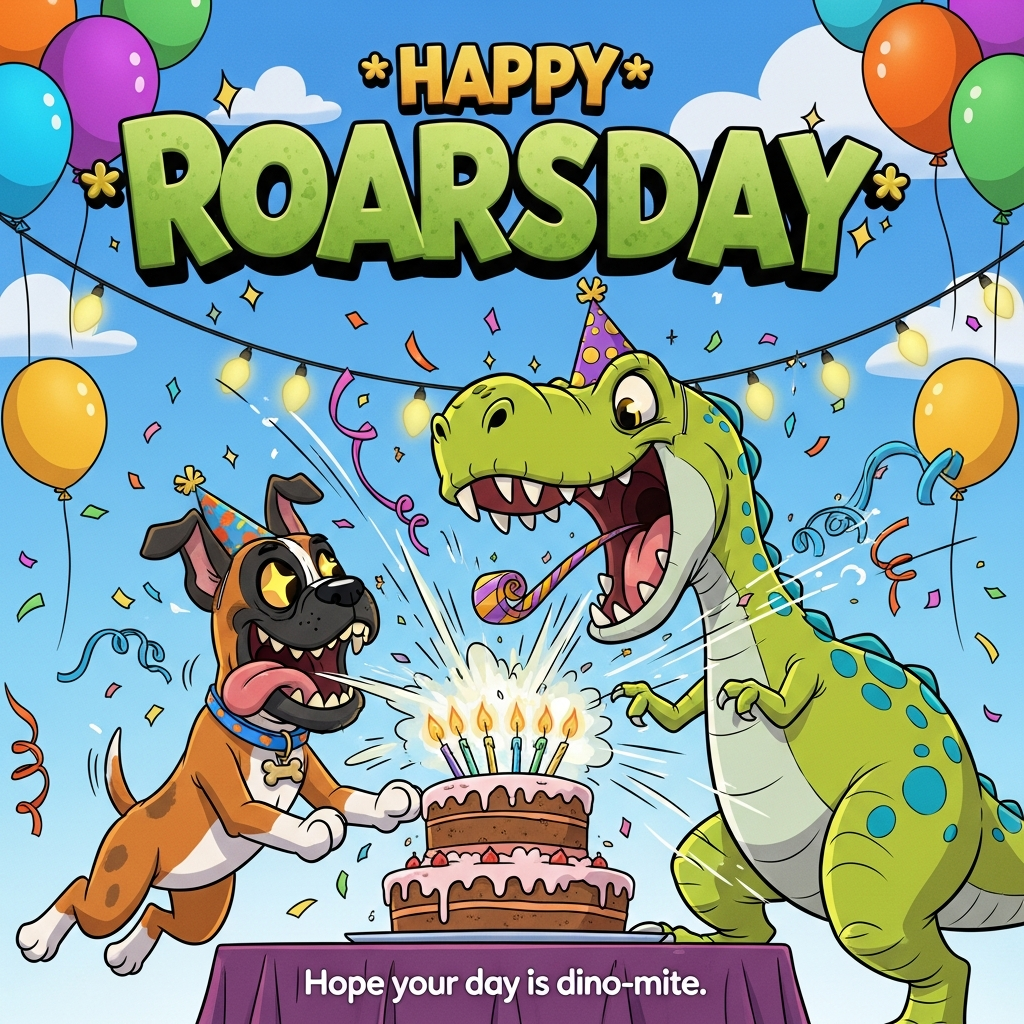 At the top of the Cartoon Style image, "HAPPY ROARSDAY"

Playful, high-energy cartoon scene with exaggerated proportions, thick black outlines, and bright saturated colors. Center stage: a goofy fawn boxer dog (white chest, black mask, floppy ears) with a big jowly grin, shiny wide eyes, and a wiggly nub tail, mid-leap on hind legs with tongue flapping, wearing a pointed party hat and a colorful collar with a bone tag. Beside them, a friendly lime-green T‑rex with teal spots, huge head, tiny arms, and an enormous toothy smile, also in a polka-dot party hat and party horn, leaning down toward the dog in a playful, protective pose.

Comedic action: The T‑rex lets out a joyful roar that blasts across a three-tier birthday cake on a low table; candles bend and puff out, frosting ripples, and the boxer’s cheeks flap in the gust, eyes sparkling. Confetti and streamers swirl dramatically in the air, balloons bob around them, and dynamic motion lines emphasize the roar and leap.

Typography styling: The "HAPPY ROARSDAY" headline is in oversized bouncy 3D bubble letters, dino-green gradient with chunky dark outline, subtle sparkles and comic starbursts around it for extra pop.

Background: Bright sky-blue gradient with rainbow balloons, dangling string lights, and a party backdrop sprinkled with confetti. Low-angle, slightly wide perspective to make the T‑rex feel huge and the boxer plucky and brave. Bold cel-shading with glossy highlights and chunky shadows for a crisp, playful finish.

Small caption at the bottom: "Hope your day is dino-mite!"
Generated with these themes: Birthday card with dog (breed: boxer) and a trex, and .
Made with ❤️ by AI.