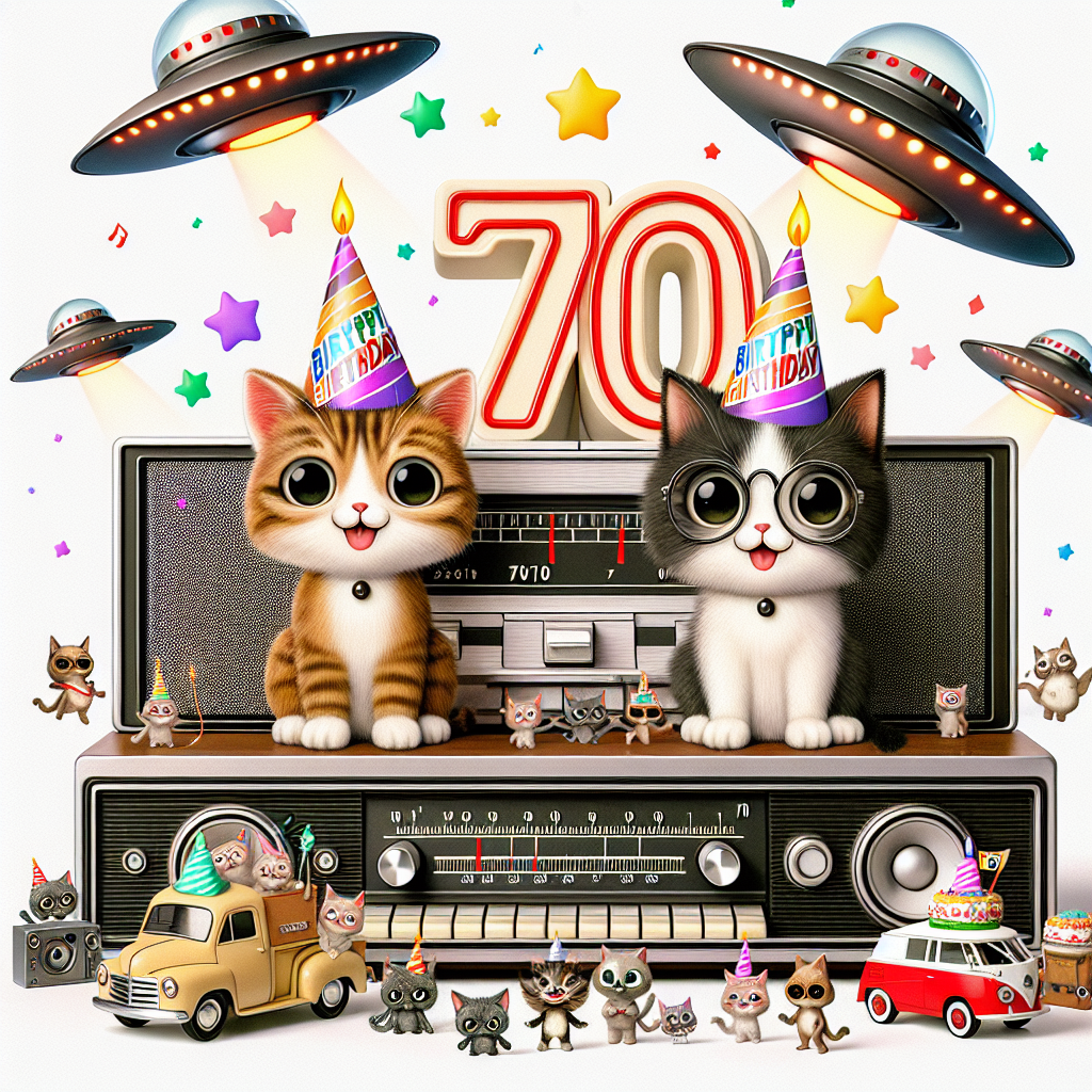 Generate an image that captures the essence of a cartoonish and cheerful 70th birthday celebration. In the center, place two cartoon cats – one being a playful brown tabby, the other a charming black and white cat – both sporting joyous birthday hats. Surround them with a vintage hi-fi stereo system, which is playing classic music from old records. Scatter an amusing assortment of miniature trucks around them for added fun. To add a touch of sci-fi to the celebration, feature UFOs in the sky above, each decorated with a '70' insignia.
Generated with these themes: Brown tabby cat, Black and white cat, Hi-fi, Records, Trucks, UFOs, and 70th birthday.
Made with ❤️ by AI.