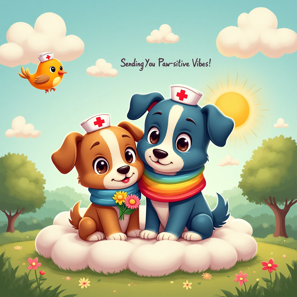 At the top of the Cartoon Style image, include the text: **Get Well Soon!**

Imagine a vibrant, sunny park setting with Bluey and Bingo, two playful cartoon dogs, sitting side by side on a soft, fluffy cloud floating gently above the ground. Their eyes are wide and sparkling, conveying warmth and care. Bluey is holding a small bouquet of colorful wildflowers in his paw, while Bingo wraps an oversized, cozy rainbow-striped scarf around Bluey's neck. The sky is filled with playful, fluffy clouds in whimsical shapes, and a cheerful sun peeks from behind them, casting a warm glow. In the background, a band of cartoon birds wearing little nurse hats flies by, chirping a cheerful tune. 

In playful, swirly letters, a small caption reads, "Sending You Paw-sitive Vibes!"
Generated with these themes: Bluey, Bingo, and .
Made with ❤️ by AI.