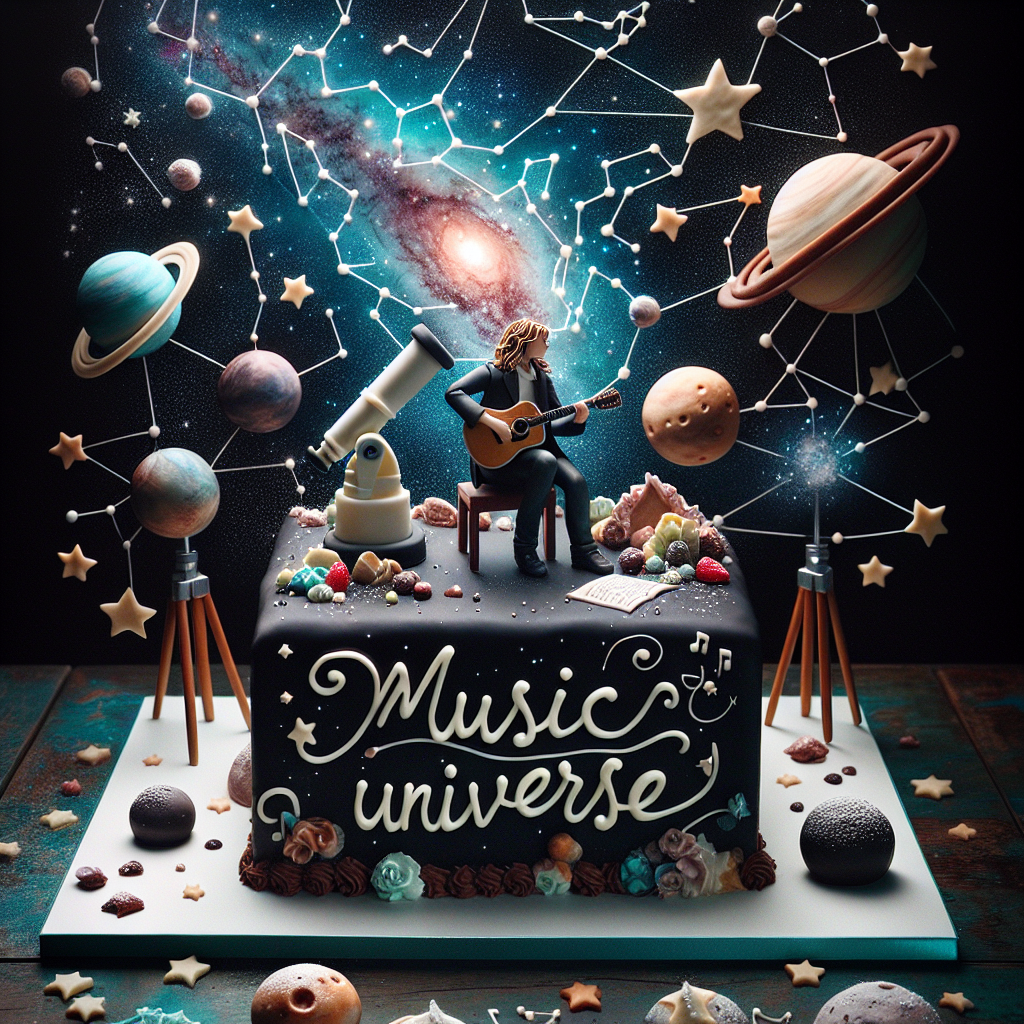 Picture a lively party taking place beneath a dazzling, star-lit sky where the constellations outline the shape of an unrecognizable guitarist, passionately serenading the celestial bodies. The main attraction is a telescope aimed at a nebula, amidst floating edible fondant planets and comets that seem to orbit around a dark chocolate cake. Artistically adorned with a frosting transcription of the phrase 'Music Universe', the cake teasingly invites the attendees to explore the more sweet and delectable aspects of astronomy.
Generated with these themes: Frank zappa, and Astronomy.
Made with ❤️ by AI.