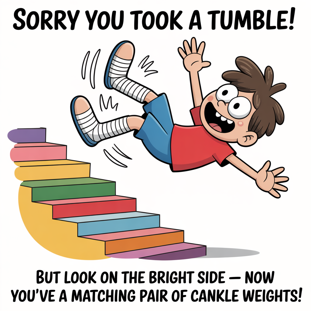 At the top of the image, "Sorry you took a tumble!"

Add at the bottom of the image, "But look on the bright side – now you've got a matching pair of cankle weights!"

- Illustrate a playful cartoon scene featuring a character mid-fall, with exaggerated wide eyes and comically flailing limbs. Their ankles are humorously wrapped in bandages that resemble weights. The background shows a whimsical set of colorful steps, each step slightly askew to emphasize the light-hearted chaos of the scene.
Generated with these themes: Generate me a greeting card that says "Sorry you fell over" and has a cartoon of someone humorously falling down some steps and hurting both of their ankles, and .
Made with ❤️ by AI.