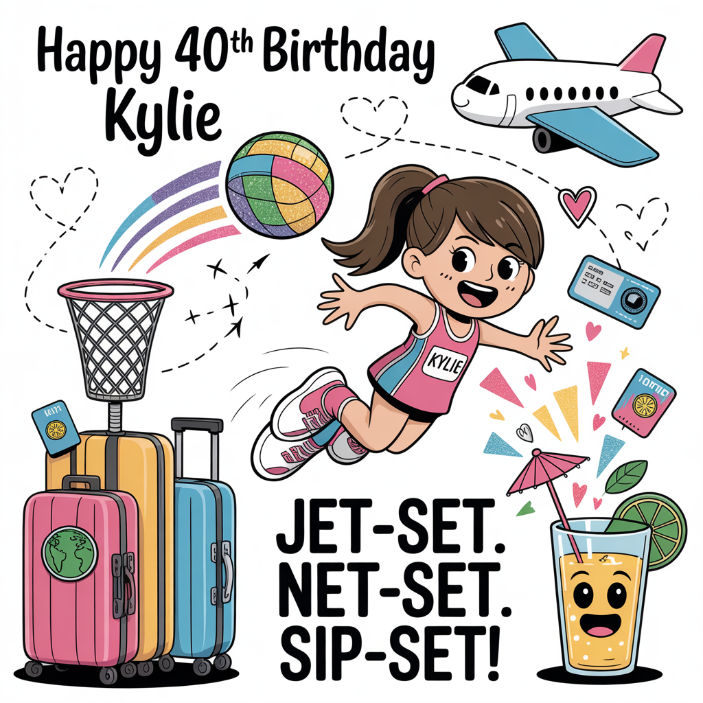 At the top of the Cartoon Style image, "Happy 40th Birthday Kylie"

At the bottom of the image, "Jet-set. Net-set. Sip-set!"

In the center, create a cute, high-energy cartoon scene: a playful Kylie in a vibrant netball kit with travel patches springs into a dramatic jump-shot. The glittery netball arcs along a dashed flight path around a mini globe, swooshing through a hoop mounted on a towering stack of rainbow suitcases; the hoop’s net is woven from colorful cocktail umbrellas and swizzle sticks. A smiling airplane winks overhead, its contrail forming hearts and tiny passport-stamp icons. A cheerful cocktail shaker character pours a cascade of tropical drinks (with fruit slices, mint, and umbrellas) that sparkle like confetti shaped as “40” and tiny netballs. Include a few cheeky travel details: roller luggage with court-line patterns, location pins shaped like lime wedges, and a boarding pass peeking from a duffel. Style it with thick black outlines, bright saturated colors (turquoise sky, hot pinks, sunny yellows, mint greens, coral), glossy highlights, and whimsical, energetic poses. Keep generous clear space so the headline and punch-line are bold, bubbly, and the stars of the scene. Cute mood, playful cartoon charm.
Generated with these themes: Travelling netball cocktails , Travelling, netball, cocktails , and .
Made with ❤️ by AI.