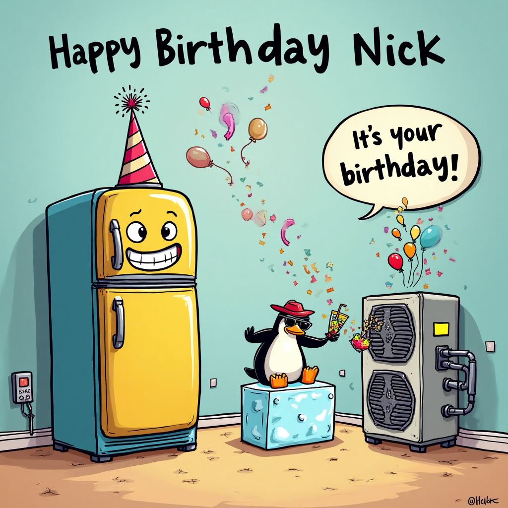 At the top of the Cartoon Style image, the text reads: "Happy Birthday Nick".

**Image Description:**

The scene is set in a colorful, cartoon kitchen with a slightly anthropomorphic refrigerator as the main character. The fridge is comically large, with a wide grin, thick outlines, and bright colors. It’s wearing a cheeky party hat tilted to one side. The refrigerator's door is slightly open, and inside, a cartoon penguin is lounging on an ice block, sipping a tropical drink with a tiny umbrella, its sunglasses reflecting the festive lights. 

Beside the fridge, there's an exaggerated HVAC unit, animated with a playful expression, blowing cool air towards the fridge and the penguin. The air seems to swirl with confetti and tiny balloons, adding to the party atmosphere. 

Above this whimsical scene, a speech bubble comes from the HVAC unit, reading: "Chill out, it's your birthday!" 

The overall vibe is light-hearted and filled with humor, perfect for a birthday card with a sarcastic twist.
Generated with these themes: Refrigeration, Hvac, Sarcasm, and .
Made with ❤️ by AI.