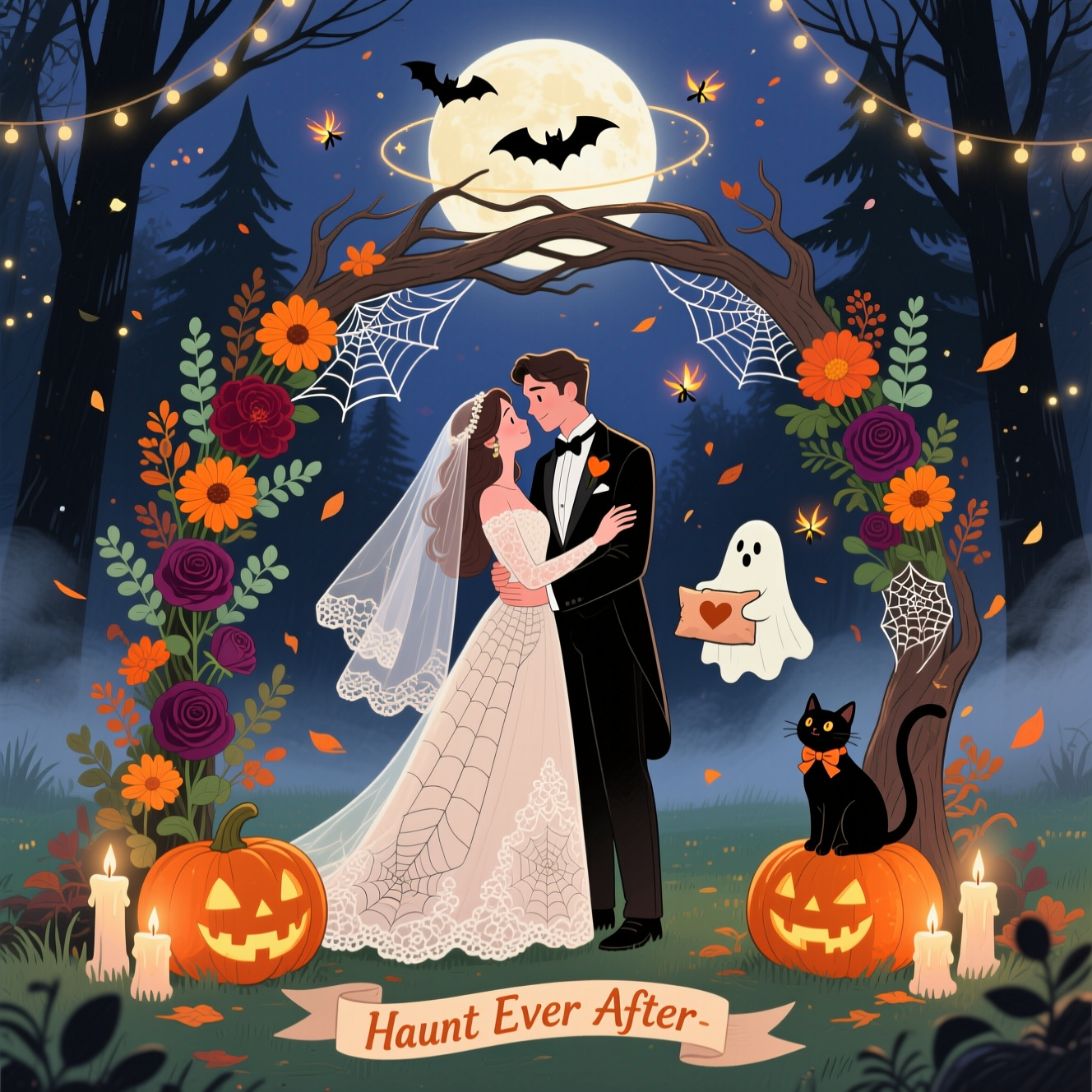 Romantic Halloween wedding illustration at midnight in a moonlit forest clearing. Centered couple in a tender embrace beneath a twisted-branch arch draped with cobweb lace and autumn florals (burnt orange marigolds, burgundy dahlias, deep plum roses, eucalyptus). The bride’s flowing gown has delicate spiderweb lace and a soft veil catching moonlight; the groom wears a classic tux with a tiny bat-shaped bow tie. Heart-eyed jack‑o’‑lanterns and pillar candles glow at their feet, casting warm amber light; a friendly ghost ring‑bearer floats nearby with a little pillow, and a black cat with a satin bow sits on a pumpkin. Above, a luminous harvest moon halos the couple while a swirl of tiny bats and fireflies arcs into a subtle ring shape around them. Gentle leaf confetti drifts through the air. Background: silhouettes of tall pines, string lights twinkling like stars, light mist for dreamy depth. Style: hand-drawn illustration with fine linework, textured brush strokes, balanced composition, and a warm, expressive color palette (candlelit oranges and golds, indigo night, velvety plum, moss green, soft bone white highlights, hints of copper). Soft, romantic lighting, no gore or harsh horror—whimsical, cozy, and affectionate. Full-bleed, portrait orientation with generous negative space around the couple for breathing room.

Include small text within the image: “Haunt Ever After”
– Placement: bottom center on a gently curved ribbon banner
– Treatment: hand-lettered, playful script, warm copper ink with subtle texture
– Only this text; no other words or logos
Generated with these themes: Halloween, and .
Made with ❤️ by AI.
