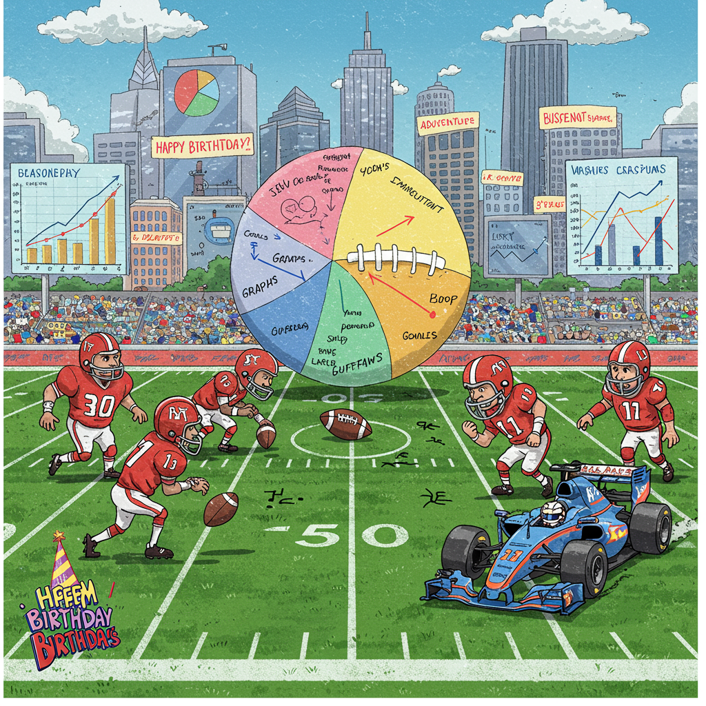 **Scene Description for Birthday Card Illustration:**
In this lively and whimsical birthday scene, envision a vibrant football field set against a backdrop of bustling city skyscrapers. The green field is meticulously painted with bright white lines, and is populated with cartoonish characters featuring exaggerated, playful features, reminiscent of Charles Schulz’s style. The players are engaged in an animated football match, their expressions exaggerated like those in Gary Larson's cartoons.
**Foreground Elements:**
- **Football Players:** Adorned in vivid red and blue uniforms, the players have oversized heads and feet. Their helmets are festooned with tiny circular pie charts that seem to come alive, spinning as if showing the play strategies or stats in Osamu Tezuka's intricate manga style.
- **Venn Diagram Ball:** At the center, the football itself is transformed into a dynamic Venn diagram with sections in vibrant hues of yellow, pink, and green, showcasing humorous interconnections like "Goals," "Graphs," and "Guffaws."
**Middle Ground:**
- **F1 Racecar:** Zipping across the sideline, there’s an exaggerated, sleek F1 car in bold metallic blue with fiery orange streaks. The car is emblazoned with a giant circular financial chart on its side, reminiscent of Walt Disney's vivid color palette. The driver, peeking out, wears a helmet with 'Alex' scribbled in playful lettering.
**Background Elements:**
- **Skyscrapers:** Looming in the background, the skyscrapers are adorned with oversized, exaggerated financial charts and graphs, their lines and bars stretching across the windows. These charts, a nod to R. Crumb's bold detailing, humorously depict skyrocketing investments in "Fun" and "Adventure."
- **Sky:** The sky is a crisp blue, dotted with fluffy clouds in the shape of dollar signs, giving a nod to investor themes. A banner stretches between two clouds, boldly declaring "Happy Birthday Alex!" in large, playful typography, inspired by Bill Watterson’s dynamic lettering style.
**Additional Details:**
- **Birthday Cake:** On the sidelines, a small table hosts an extravagant birthday cake decorated like a football pitch, complete with miniature players. The cake's icing is a patchwork of colorful financial charts, its candles resembling tiny F1 cars ready to race off.
This scene, bursting with colorful and zany elements, creates a delightful mishmash of sports, finance, and birthday celebration, sure to capture the eye with its engaging, cartoon-style extravagance.
Generated with these themes: Financial charts and circular charts and venn diagrams, Football, F1, and Investor.
Made with ❤️ by AI.