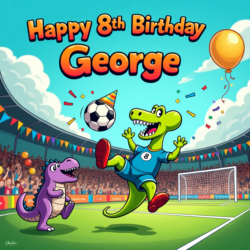 At the top of the Cartoon Style image, Happy 8th Birthday George

Playful, funny cartoon scene with exaggerated proportions, thick black outlines, and bright saturated colors: A lime-green T-Rex striker with a huge goofy grin, tiny arms flailing, and oversized red football boots in a blue jersey with a big white 8, performing a dramatic tail-powered bicycle kick. The black-and-white football (wearing a tiny party hat) rockets toward the goal with bold motion lines and confetti bursts.

In goal, a chubby purple stegosaurus in gigantic keeper gloves dives the wrong way, eyes wide in comedic panic, as the net bulges comically. The pitch is a vivid emerald green with crisp white lines; the stands are filled with cheerful cartoon dinos waving foam fingers and football-shaped balloons. A shiny gold balloon shaped like the number 8 floats behind the action. Party bunting drapes from the goalposts; blue sky and puffy clouds overhead. Energetic, whimsical poses, full-bleed composition, dynamic low-angle perspective.

Text styling: The top greeting in big bubbly letters with rainbow gradient fill and a thick dark outline, sprinkled with tiny stars and confetti, gently arched across the sky.

Add one small, cheeky caption at the bottom in a curved ribbon banner: “Top of the ROAR-league!” in chunky comic lettering.
Generated with these themes: Dinosaur, football, and .
Made with ❤️ by AI.