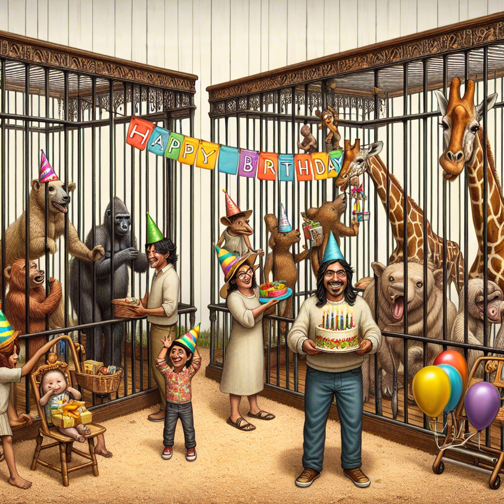 Imagine a whimsical birthday setting where the roles of animals and humans are reversed at a zoo. The animals are out of the cages, some wearing party hats, and carrying presents. Humans are found amusingly inside the ornate cages; one individual of Hispanic descent clutches a birthday cake against cage bars. A friendly giraffe, peculiarly hanging a 'Happy Birthday' banner across a pathway, completes this tableau with a touch of merriment. This jubilant, animal-led birthday celebration is filled with warmth, humor, and a pinch of the unexpected.
Generated with these themes: Zoo with humans in cages and animals roaming free.
Made with ❤️ by AI.