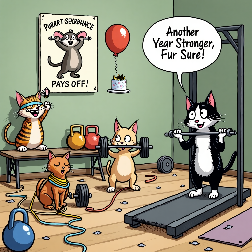 In this whimsical and delightfully chaotic birthday card scene, imagine a bustling gym floor transformed into a feline fitness fiesta, with a nod to the works of Charles Schulz and Bill Watterson. Picture a group of cats, each with their own quirky personalities and exaggerated cartoon features, gathered around an array of crossfit equipment. In the center, a determined tabby cat, wearing a tiny headband and wristbands, is attempting to lift a barbell, which humorously has mice instead of weights at each end. To the side, a Siamese cat, with a mischievous grin, is tangled in colorful resistance bands, its paws hilariously splayed out. Meanwhile, a black-and-white tuxedo cat, with exaggeratedly wide eyes and a cheeky grin, is on a tiny treadmill, yet somehow it's managing to only stay in one spot, its tail swishing with comedic effect. Above them, a calico cat hangs precariously from a pull-up bar, its eyes wide in surprise as it clutches a dangling birthday balloon that reads, "Another Year Stronger, Fur Sure!" Scattered around the gym are yoga mats, kettlebells shaped like fish, and a large birthday cake set on a bench, which has a frosting-laden paw print smack in the middle. In the background, a motivational poster on the wall, featuring a buff cartoon mouse flexing its muscles, reads, "Purrr-severance Pays Off!" This lively and comical scene captures the cats' enthusiasm and unique personalities, offering a playful twist on birthday celebrations that combines the endearing charm of cats with the dynamic world of crossfit.
Generated with these themes: With cats and crossfit stuff .
Made with ❤️ by AI.