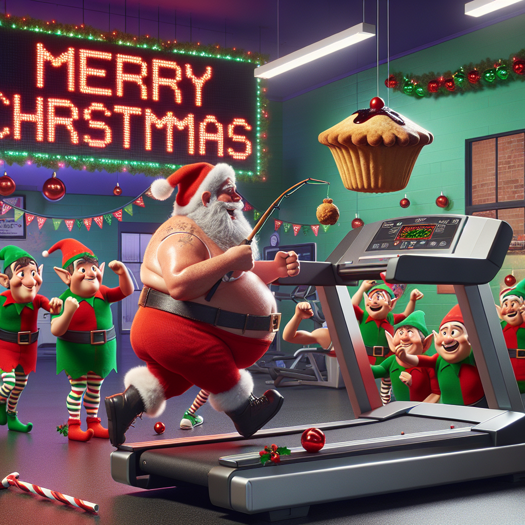 In this humorous Christmas cartoon, a pudgy Santa Claus is seen running on a treadmill inside Plus Fitness Australia, with a mince pie just out of reach on a fishing rod ahead of him. Elves are cheering him on and the scene is completed with 'Merry Christmas' flashing on the gym’s digital signboard amidst holiday decorations.
Generated with these themes: fitness, Plus Fitness Australia.
Made with ❤️ by AI.