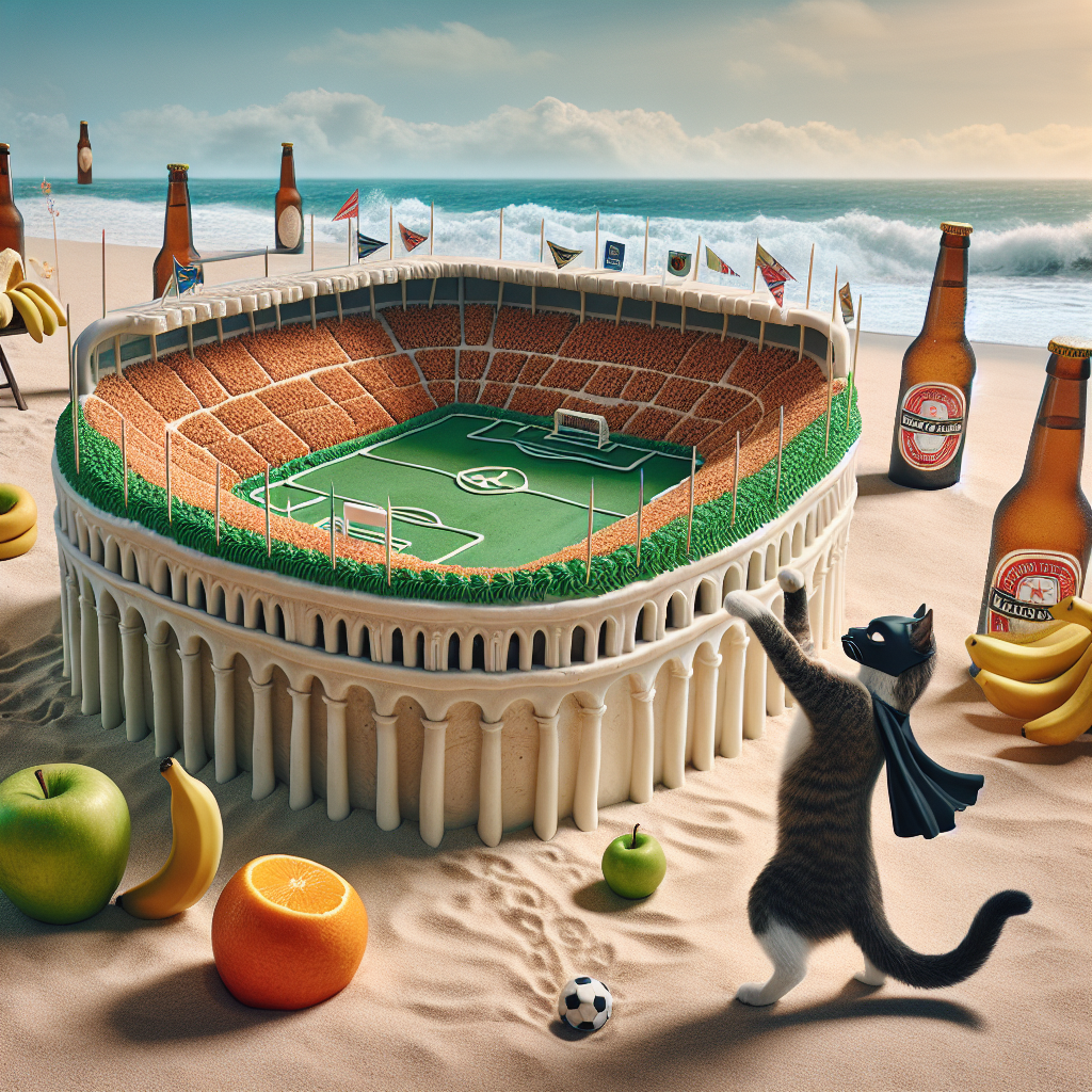 Imagine an unusually realistic birthday party on a sandy beach that challenges common perceptions. In the middle of the celebration, there's a giant cake molded like a famous football stadium, decorated with edible beer bottles that sparkle in the sunlight. In the foreground, a three-legged Tuxedo cat is playfully batting at decorations made of apples, bananas, and easy peelers. The cat is wearing a tiny cape, mimicking an anonymous superhero character. The surrounding air is heavy with a mix of strangely combined citrus scents and salty sea breezes, while in the backdrop, waves seem to murmur birthday melodies.
Generated with these themes: Aston Villa, Beer, Our three legged Tuxedo Cat, Apples, bananas and easy peelers, The beach, and Marvel.
Made with ❤️ by AI.