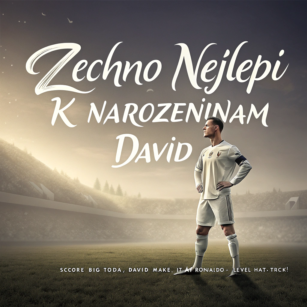 At the top of the Photorealistic picture taken from a camera image, "Všechno nejlepši k narozeninám David" in large, playful white hand-lettered script with a soft drop shadow, gently arched and centered.

At the bottom of the image, "Score big today, David — make it a Ronaldo-level hat-trick!"

Ultra-high-definition 4K UHD photograph with accurate lighting, lifelike textures, and rich depth of field. Photorealistic scene of Cristiano Ronaldo in a neutral white No. 7 jersey (no visible brand or team logos), smiling warmly and leaning slightly toward the camera as he presents a football-shaped birthday cake topped with a sparkling number 7 candle. Soft golden-hour stadium lighting, shallow depth of field with creamy bokeh; pastel heart-and-star confetti drifting through the air. Background: blurred stadium seats with hints of green and red streamers for a cute, festive vibe. Natural skin texture, crisp hair detail, realistic shadows and reflections. Shot as if on a full-frame camera with a 50mm prime at f/1.8, ISO 200; subtle lens flare, warm tones, and clean negative space preserved at the top and bottom for the text.
Generated with these themes: Cristiano Ronaldo, and .
Made with ❤️ by AI.