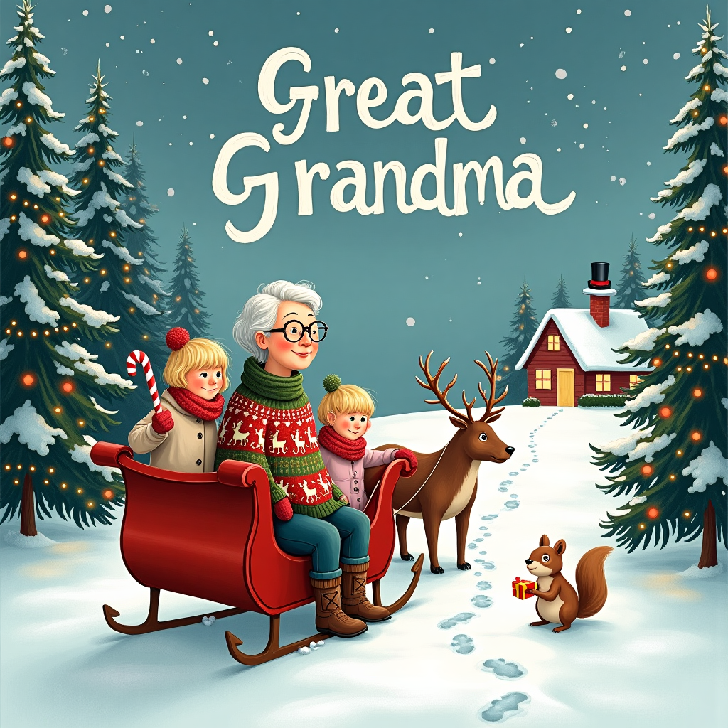 Lady in her late 70s with short hair alongside two blonde little girls aged 7, one girl wears glasses. In the Art style of the Simpsons. Christmas Card