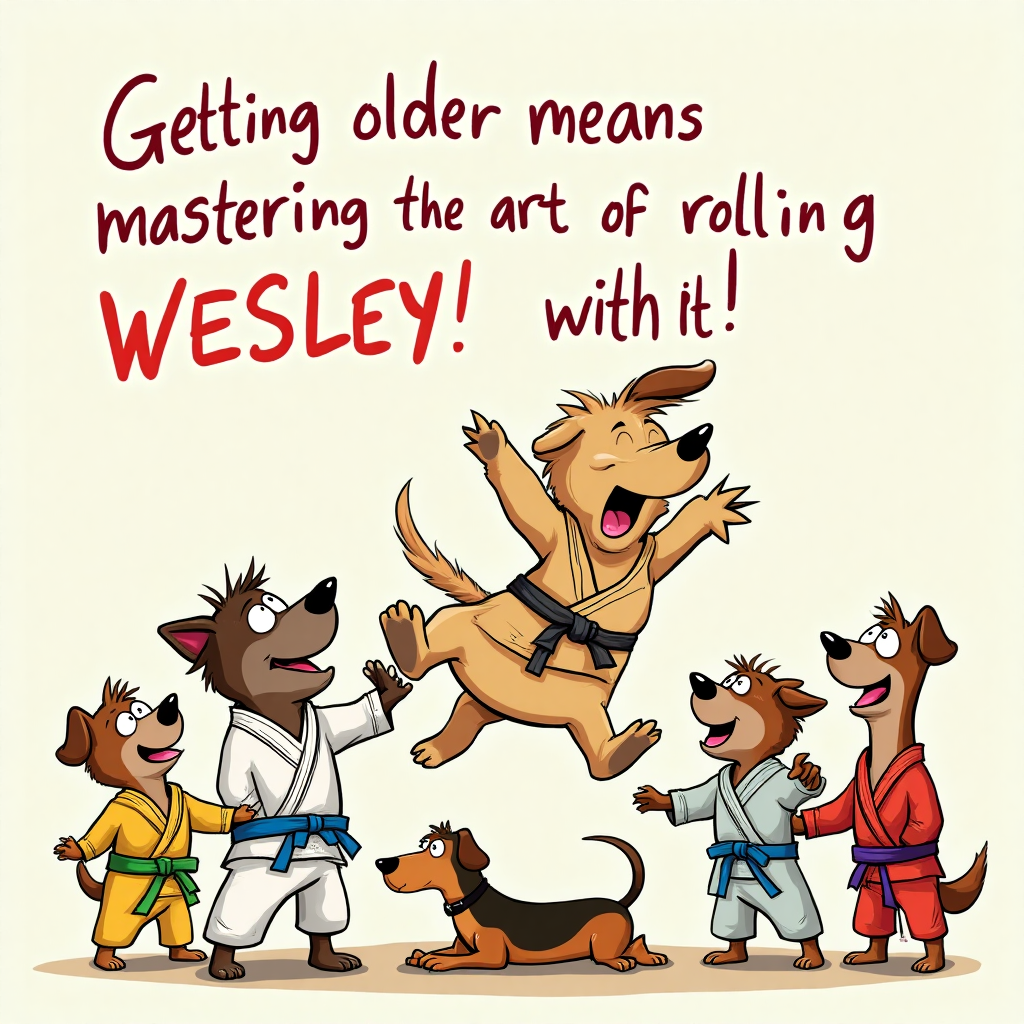 At the top of the Cartoon Style image, the text reads: **Happy 12th Birthday, Wesley!**

---

**Image Description:**

In a colorful, cartoon-style scene, a group of animated dogs and Wesley's cousins are engaged in a playful jiu-jitsu session. The dogs, with oversized paws and expressive faces, are wearing tiny jiu-jitsu uniforms, each belt a different vibrant color. One dog, a cheeky golden retriever, performs a gentle throw on Wesley, who is laughing mid-air with his cousins cheering him on. In the background, a beagle attempts a dramatic rolling escape, while a dachshund with a purple belt tries to balance on one paw, its eyes comically wide with concentration. Above them, in a playful, hand-drawn font, it reads: "Getting older means mastering the art of rolling with it!"
Generated with these themes: Jiu-jitsu, dogs, his cousins, and .
Made with ❤️ by AI.