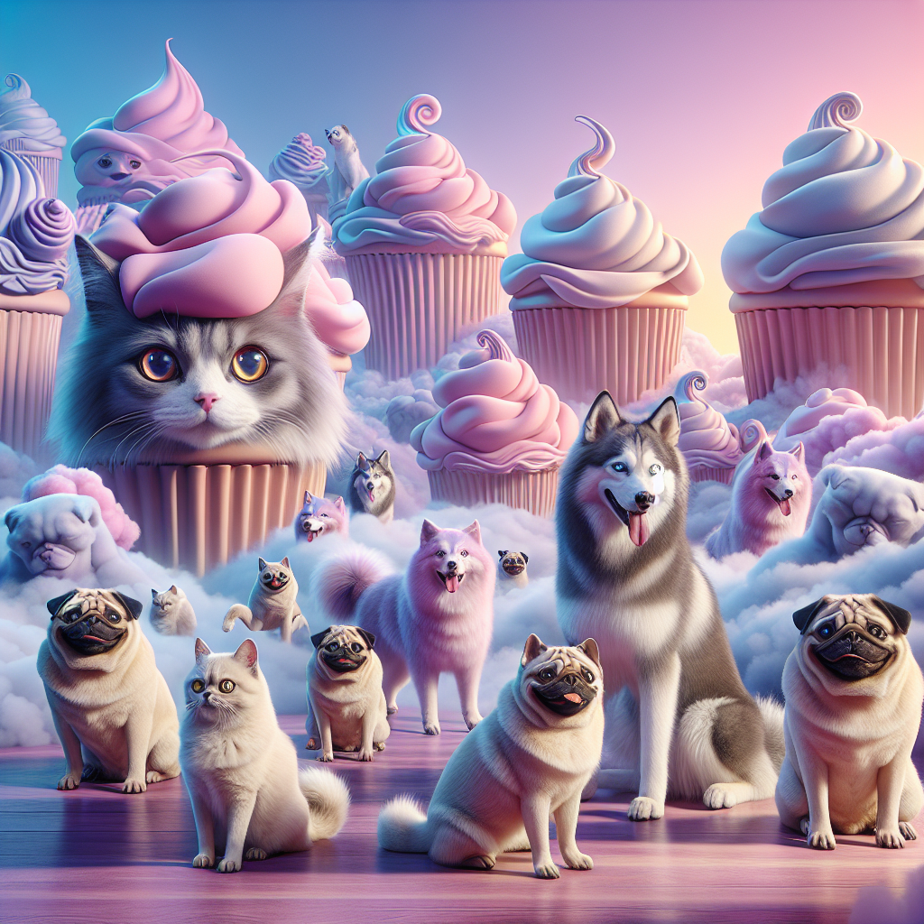 Imagine a captivating surrealist yet realistic scenario. The protagonists in this scene are domestic cats who appear to possess abnormally large eyes filled with intrigue and mischief. They frolic joyously among gracious huskies that boast a unique, gradient-like fur that gently transitions from shades of lilac to soft pink. The backdrop is marked by sky-scraping mountains sculpted in the form of cupcakes and topped with clouds resembling cotton candy, inviting viewers to relish in their sweet, dreamlike fluffiness. Pugs with humorously exaggerated smiles wander through this scene, their tails wagging harmoniously with the ambient lighting that bestows the entire tableau with a soft and ethereal glow.
Generated with these themes: Kitty cats, Huskies, Cupcake, Candy floss, Pugs, Lilac, and Light pink.
Made with ❤️ by AI.