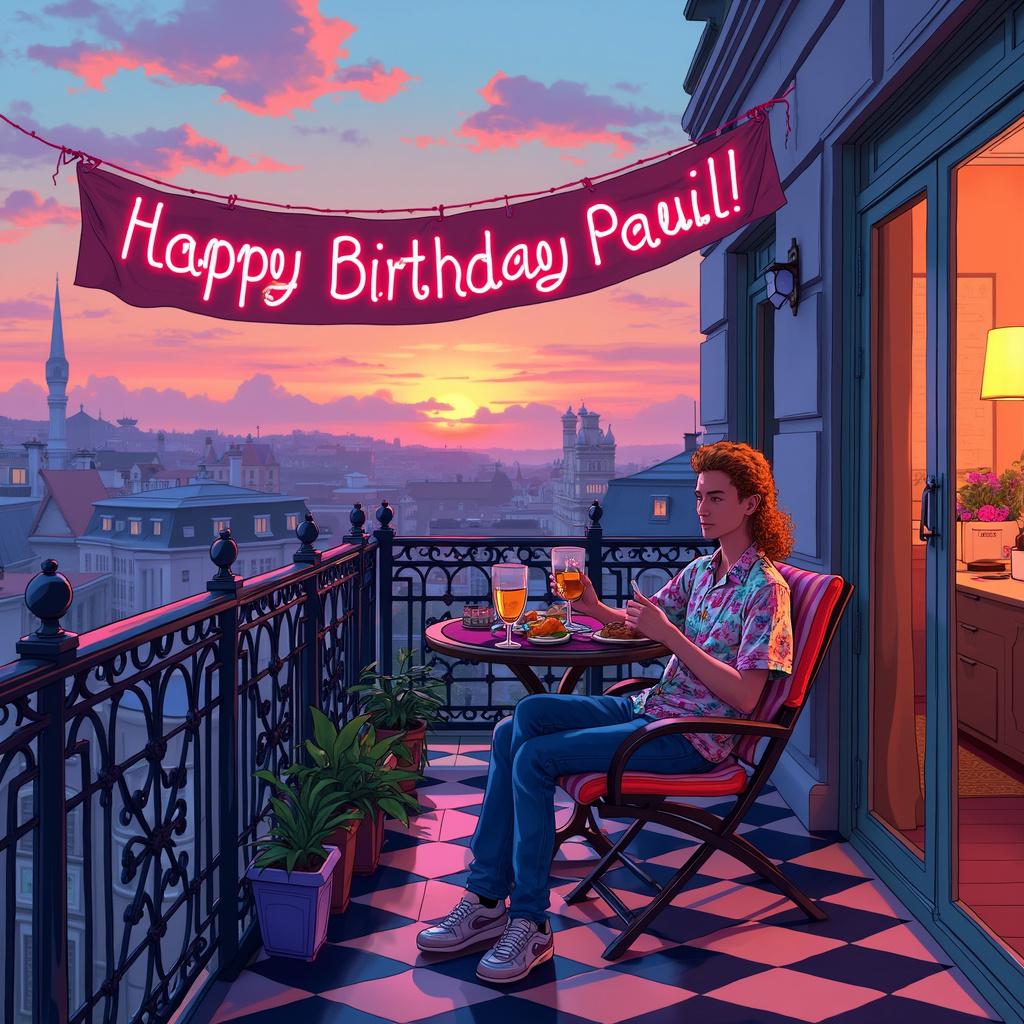 On a cozy balcony overlooking a bustling cityscape at sunset, the warm colors of pinks and oranges envelop the scene, reminiscent of the vibrant atmosphere of the 90s. The balcony features a wrought-iron railing with intricate patterns and a floor adorned with checkered black and white tiles. Sitting comfortably on a lounge chair adorned with colorful cushions is a slender, masculine figure with strawberry blond hair styled in a curly short mullet. He dons an oversized neon-colored button-up shirt with geometric patterns, high-waisted jeans with a slight flare, and retro sneakers. As he sips a refreshing Campari from a vintage glass garnished with an orange slice, rhythmic techno beats and the elegant strains of Vienna opera fill the air through his retro portable cassette player and headphones.

Nearby, a tailor's dummy stands elegantly against the balcony railing, draped in a silky dress that reflects Japanese street fashion with its bold patterns, vibrant colors, and elaborate accessories. Above the balcony door, a "Happy Birthday Pauli!" banner in a retro 90s font with neon colors adds to the celebratory mood. In the background, a captivating cityscape comes alive with a mix of modern skyscrapers and classic architecture, the lights beginning to flicker on as evening settles in, complemented by a playful cloud in the sky whimsically spelling out 'Pauli.'

Generated with these themes: A masculine slender strawberry blond man with a curly short mullet, dressed for a 90s vibe, sitting on a balcony, sipping a Campari drink and listening to techno and Vienna opera, alongside a tailor's dummy wearing a silky dress influenced by Japanese street style.  
Made with ❤️ by AI.