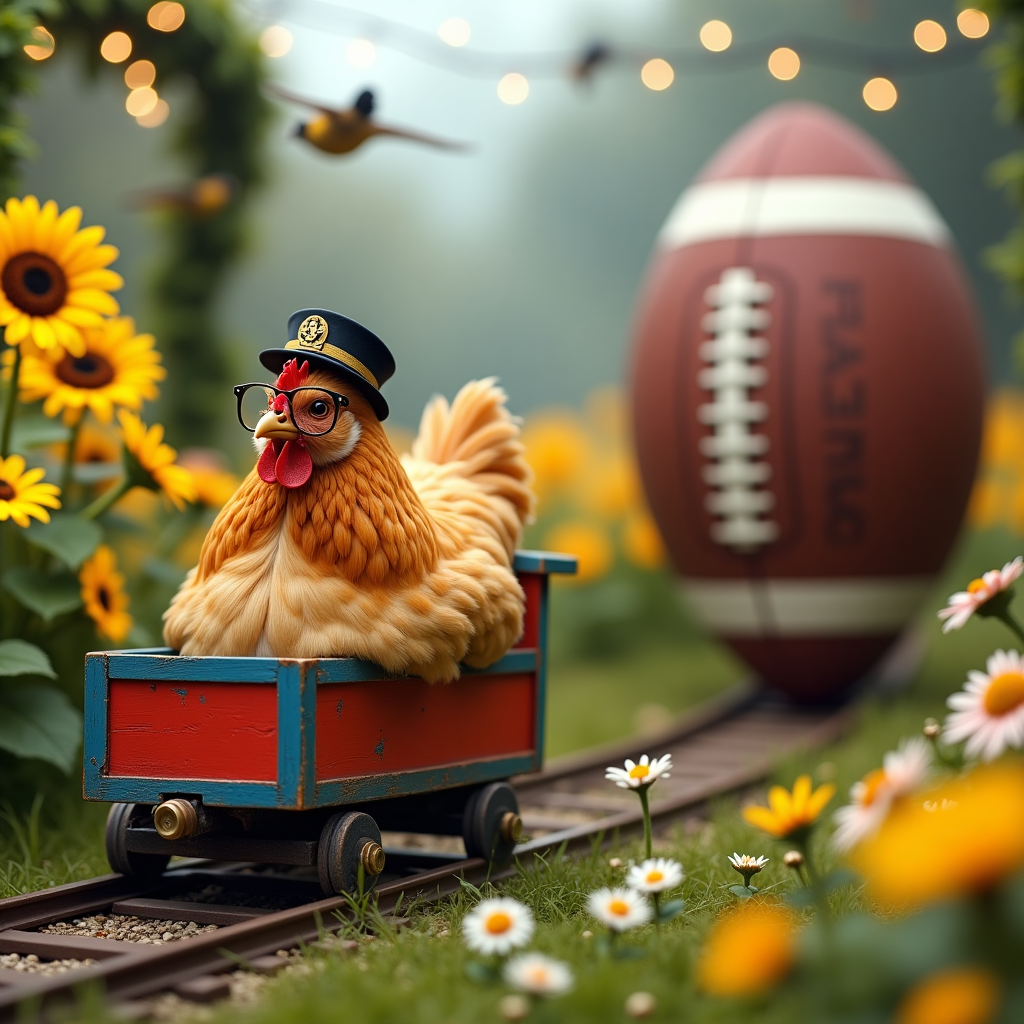 Chicken riding in a miniture garden railway carriage with american football in the background Birthday Card