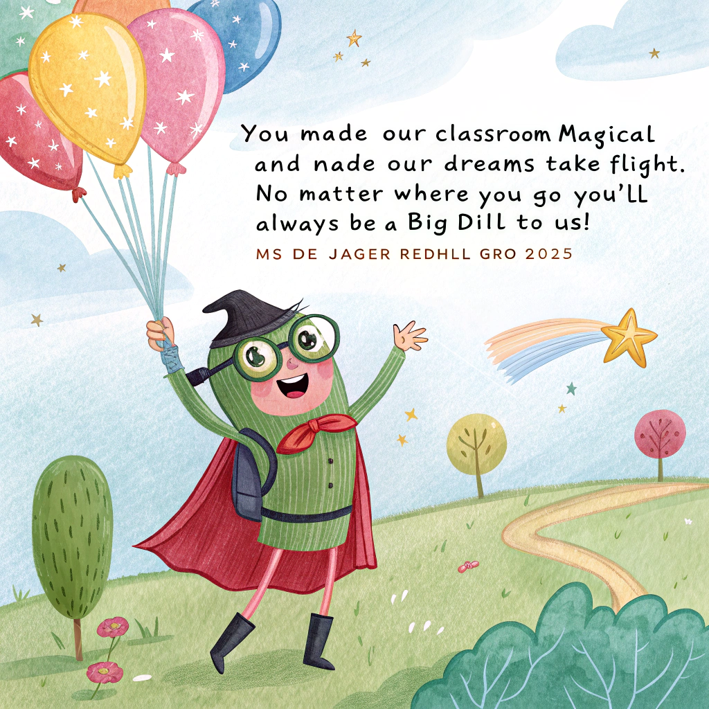 At the top of the Watercolor Style image, "You made our classroom magical and made our dreams take flight. No matter where you go, you'll always be a Big Dill to Us!  Ms De Jager Redhill Gr0 2025"

Center scene: a cute, anthropomorphic female superhero pickle mid-bounce, lifted by a bouquet of transparent helium balloons. She has bright, friendly eyes with fluttery lashes, rosy watercolor cheeks, and a playful star mask. Her cape billows in a soft crimson wash with pigment blooms, a tiny dill-sprig emblem on her belt, and sparkly lemon-yellow boots. She clutches the balloon strings as they arc upward; the balloons are crystal-clear with subtle pastel iridescence and soft reflections, some lightly filled with watercolor stars, paper-airplanes, tiny ABCs, and heart confetti.

Background: airy watercolor gradient from mint to sky-blue with delicate washes, soft edges, and natural cold-press paper texture visible. Faint, whimsical classroom doodles (stars, swirls, and tiny paper planes) drift around her, with a few floating dill fronds tying in the pun. Keep outlines minimal; embrace soft bleeds and subtle granulation.

At the bottom of the image, add a small, cheeky brush-lettered line: “Thanks a brine-illion!”

Style notes: hand-painted, playful brush lettering for all text with gentle pigment blooms; warm, cozy palette (dill green, blush pink, lavender, and sunshine yellow); lots of negative space so the headline and punch-line steal the show.
Generated with these themes: Female superhero Pickle, Holding transparent balloons, , and .
Made with ❤️ by AI.
