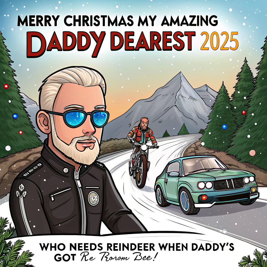 At the top of the Cartoon Style image, "Merry christmas my amazing Daddy dearest 2025"

At the bottom of the image, "Who needs reindeer when Daddy's got re-vroom-deer!"

Cute, playful cartoon scene with thick outlines, bright saturated colors, and exaggerated, whimsical poses: A handsome biker dad with white short hair, a neat goatee, bright blue eyes, and visible Irish tattoos (Celtic knots and a shamrock) rides a gleaming BMW custom cruiser down a snowy lane. He’s in expensive, stylish bike gear—sleek leather jacket with quilted panels, armored boots, and glossy gloves—visor up, beaming. Beside/attached is Santa in a red sleigh-styled sidecar, a sack of gifts bouncing behind; Santa holds his hat with one hand against the wind, grinning at Dad and the bike. The bike is low-slung and shiny (deep midnight blue with chrome), fat tires kicking up cute spiral swirls of snow; headlight casts a warm cone across the snow.

They’re arriving at a cozy Irish cottage: stone walls, thatched roof, a holly-and-Celtic-knot wreath on the door, twinkling fairy lights, and a low stone fence dotted with snow. Warm golden light spills from the windows. On the pathway, a loving mother and toddler son wait with a tray of cookies and steaming hot cocoa; the toddler in a cute knit sweater reaches out for a hug, and Mom leans in with an affectionate smile. Add little heart and sparkle accents around their embrace. Festive touches: candy-cane stripes on the bike’s handlebars, subtle shamrock motifs in the cottage decor, starbursts in the sky, and soft snowfall.

Lettering style: Top headline in bold, chunky, candy-cane striped hand lettering with a neat white outline and cozy drop shadow; bottom punchline in playful snow-white bubble letters with peppermint-red accents. Overall mood: adorable, energetic, and heartwarming. Camera: dynamic three-quarter view, slightly low angle for hero vibes; lighting mixes cool moonlit snow with warm cottage glow.
Generated with these themes: .
Made with ❤️ by AI.