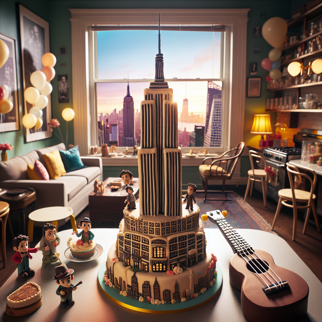 A charming birthday extravaganza in a snug downtown apartment nestled in the heart of New York city. The city's eminent skyline looms subtly against the backdrop of the apartment window. The centrepiece of the party is a uniquely crafted cake, boasting the mesmerizing shape of the Empire State Building. Meticulously placed atop the cake is a ukulele, with its strings glistening under the tender ambient lighting. Around the festive space, you'll find whimsical nods to a popular British comedy show, the rooms peppered with adorable figurines, which also double as cake toppers, alongside a cheery portrait of a 20th-century UK comedian. Overhead, a sea of balloons bob in rhythm, evoking the idiosyncratic charm of said show.
Generated with these themes: Ukulele, New york, The mighty boosh, and George formby.
Made with ❤️ by AI.