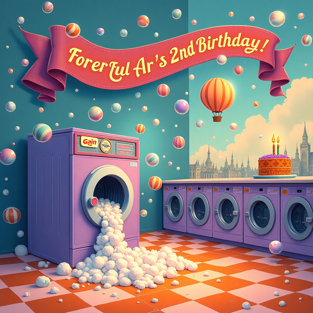 Gain Laundry logo , Bubbles, Glitter, Purple, and Orange Birthday Card