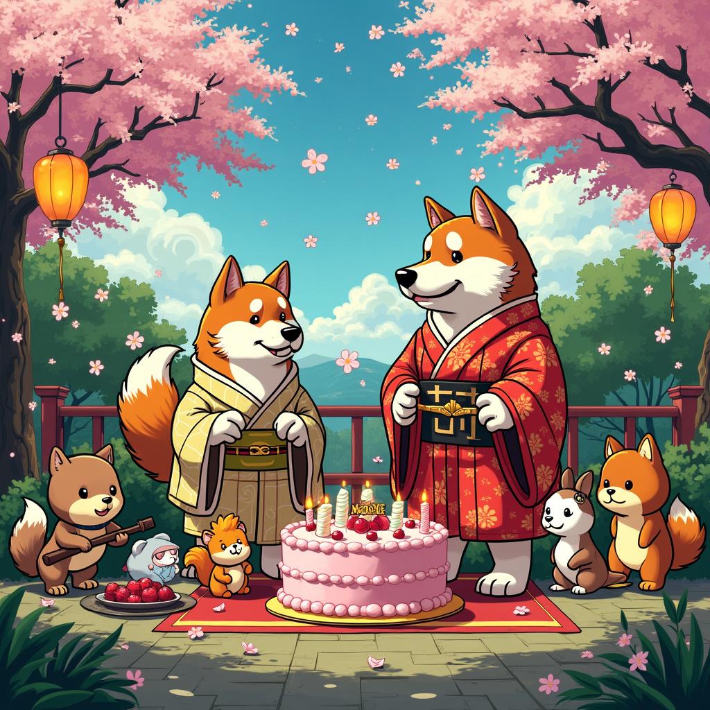In a picturesque Japanese garden during the enchanting cherry blossom season, the sky above is a vibrant mosaic of stained glass-like colors, with brilliant hues of blue, red, and purple fragmenting the horizon. In the foreground stands a delightful anthropomorphic Akita dog, clad in a traditional yukata and exuding a jovial demeanor as it hosts a festive birthday party. The Akita balances on its hind legs, holding a whimsical paper lantern aloft.

The celebration features a charming birthday banner crafted from paper, adorned with a woodblock print aesthetic, conveying the heartfelt message "Happy Birthday Cerys!" in beautifully styled Kanji characters, complemented by an English transliteration below. A centerpiece of the party is a scrumptious sakura-themed cake, topped with pink frosting and a delicate sugar sculpture of the Akita itself, with Cerys's name elegantly scripted in icing that mimics traditional Japanese calligraphy.

Adding to the festive atmosphere are various woodland creatures, each stylized in the playful spirit of Calvin and Hobbes, sporting exaggerated expressions of joy and surprise as they join the merriment. Integrated throughout the garden, Peanuts-like comic strips introduce a touch of humor, narrating a comical tale of the Akita’s efforts to prepare the party. Along the borders, dynamic action lines and charming background motifs reminiscent of Osamu Tezuka enhance the lively setting.

The scene is filled with delightful nuances, including small hidden jokes in the style of The Far Side, such as a snail casually carrying a piece of birthday cake. Classic thin black lines reminiscent of old comics define the characters and objects, while surreal elements add an extra layer of magic—like a talking cherry blossom tree straight out of a Disney enchanted forest and a cake that transforms into a carousel for the tiny woodland guests.

Overall, this joyful gathering captures the essence of celebration, friendship, and whimsy, set against the stunning backdrop of a cherry blossom-filled Japanese garden.

Generated with these themes: Japanese Akita, Japan, Stained glass.  
Made with ❤️ by AI.