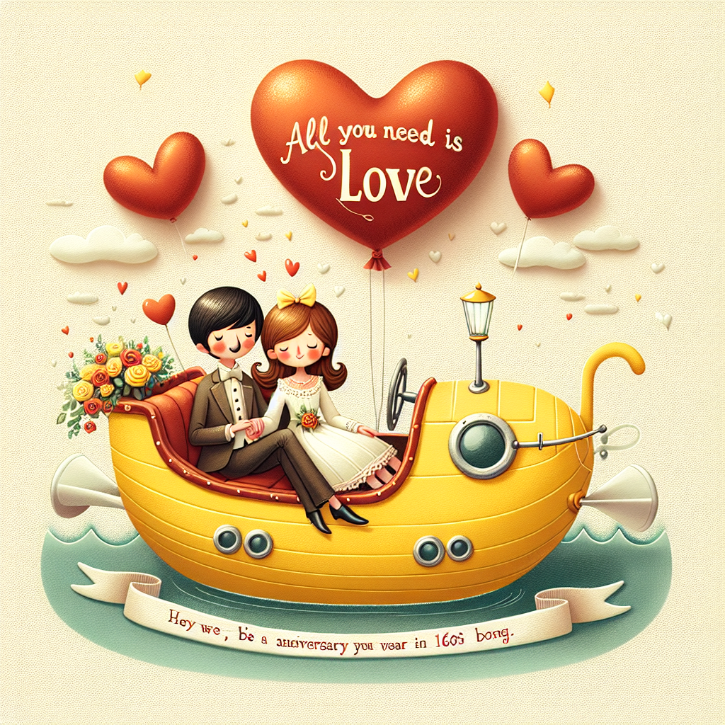 An enchanting scene celebrating an anniversary, with a loving couple comfortably seated on a whimsical yellow marine craft, referencing a well-known song from a popular 1960s band. Floating above them is a heart-shaped balloon, filled with warmth and charm. Embellishing the scene is a cheerful inscription, 'All You Need is Love', evoking feelings of nostalgia and romance.
Generated with these themes: The Beatles .
Made with ❤️ by AI.