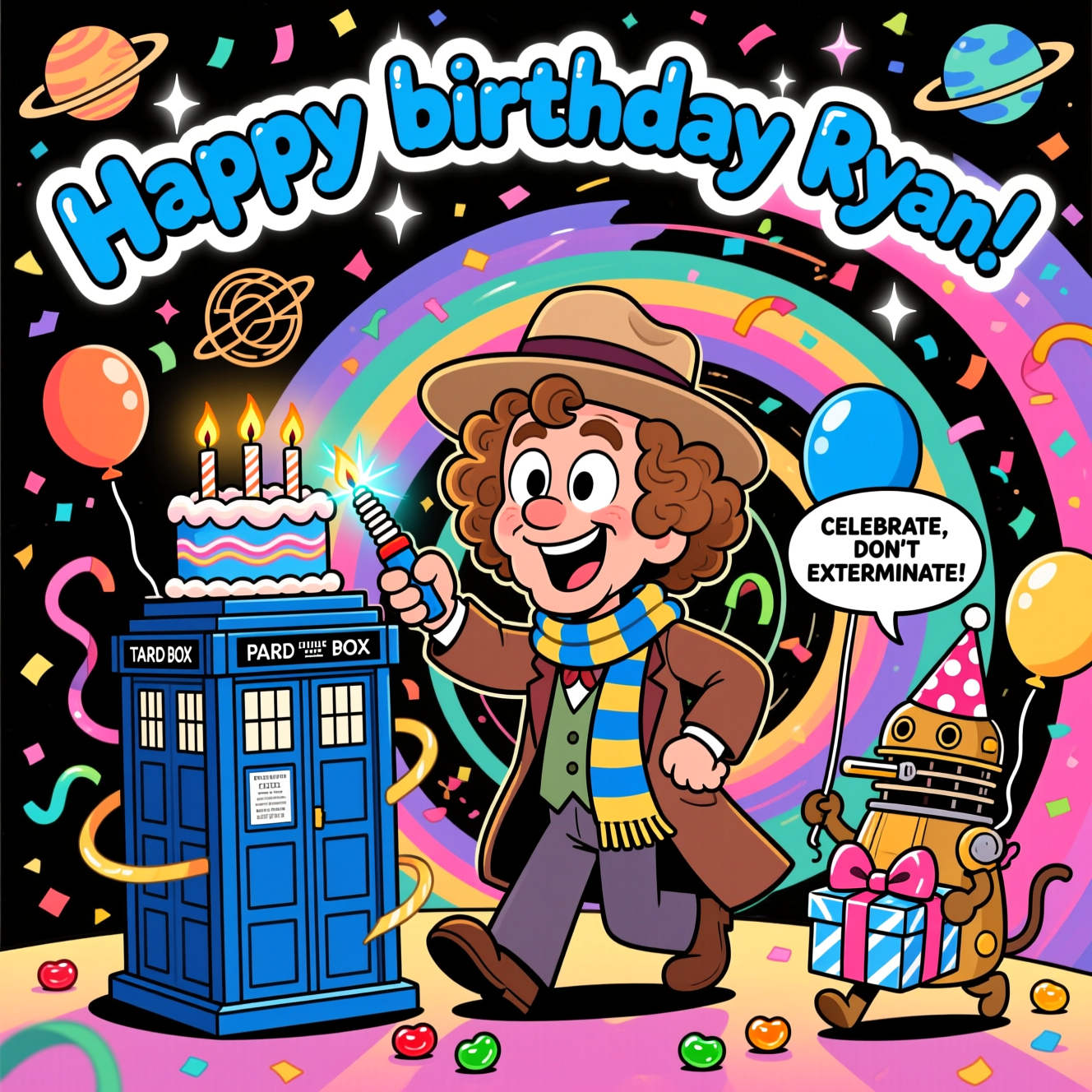 At the top of the Cartoon Style image, "Happy birthday Ryan" in chunky TARDIS-blue bubble letters with a bold white outline and twinkly star glow, arcing across the scene.

Playful, funny cartoon scene with exaggerated proportions, thick black outlines, and bright saturated colors. Center stage: the Fourth Doctor (Tom Baker era) as a cute cartoon—big curly hair, wide-brim hat tipped jaunty, huge cheerful eyes, and a grin. His impossibly long striped scarf whirls around like party streamers. He’s balancing a towering TARDIS-blue birthday cake shaped like a police box, candles flickering as he lights them with a glowing sonic screwdriver. Background: a candy-colored time vortex with confetti, balloons like tiny planets, and whimsical Gallifreyan circle motifs, all cel-shaded with glossy highlights.

To the side, a small cartoon Dalek wearing a polka-dot party hat holds a balloon and strikes a goofy pose; a small speech bubble reads: "CELEBRATE, DON'T EXTERMINATE!" K-9 trots in with a shiny wrapped gift and a big bow. Add a few jelly babies peeking from the Doctor’s pocket for an extra gag. Portrait composition, dynamic Dutch angle, crisp linework, bold shadows, and sparkly highlights—high-energy, silly, and celebratory. No other text.
Generated with these themes: Doctor who tom baker, and .
Made with ❤️ by AI.