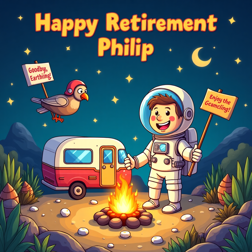 At the top of the Cartoon Style image, write "Happy Retirement Philip" in bold, playful letters.

Imagine a whimsical scene set in a vibrant cartoon universe where the cosmos and earthly delights collide! Picture a jovial cartoon astronaut, floating leisurely in space, while roasting marshmallows over a campfire that's somehow burning atop a tiny moon. Nearby, an animated garden of alien plants grows in kaleidoscopic colors, their exaggerated, goofy faces beaming with glee. To the side, a cheeky clay pigeon hovers in zero gravity, wearing a helmet and holding a small "Goodbye, Earthling!" sign. Bright stars twinkle in the colorful cartoon sky, and a rocket camper van drifts by with a banner that reads "Enjoy the Cosmic Camp!"
Generated with these themes: Astronomy, camping, clay pigeon shooting gardening , and .
Made with ❤️ by AI.