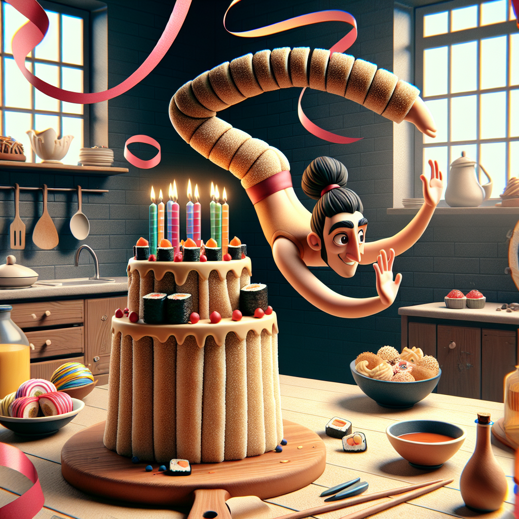 Create a whimsical birthday-themed illustration. The playful setting is a kitchen with animated sushi rolls tumbling across the counter, decorated with various baking ingredients. At the center of the composition, there is a unique birthday cake shaped like a loaf of bread, topped with glowing candles. In the background, a flexible, unidentifiable character of Middle-Eastern descent, a male, performs an elegant gymnastics routine with streamers in hand. This dynamic figure adds a festive flair to the joyful atmosphere of the scene.
Generated with these themes: Sushi, Baking, Bread, and Gymnastics .
Made with ❤️ by AI.