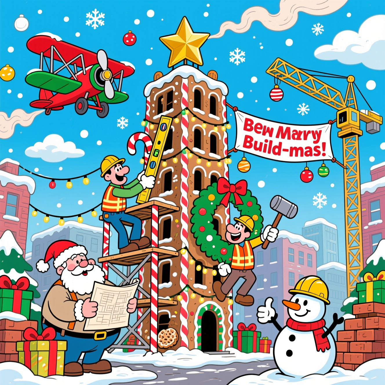 At the top of the Cartoon Style image, BEN DAVIS BUILDING

A playful, funny Christmas cartoon scene: a snow-dusted city block transformed into a whimsical construction site where a towering gingerbread skyscraper is “under construction.” The building’s girders are candy canes, the beams are iced cookies, and strands of twinkling lights wrap around the structure. Three goofy builders with exaggerated proportions and big personalities hustle about: a round-bellied foreman in a Santa hat studies a blueprint made of gift-wrap; a lanky builder in hi-vis balances on a candy-cane scaffold with an oversized peppermint level; another hangs from a giant wreath, gripping a marshmallow mallet. Overhead, bright red-and-green biplanes loop and swoop, leaving peppermint-striped smoke trails. One biplane hauls up a huge golden star to crown the skyscraper; another tows a short banner that reads: “Merry Build-mas!” Snowflakes sparkle in a crisp icy-blue sky dotted with bauble-shaped clouds. Piles of bricks look like wrapped presents, a candy-cane crane hoists ornaments, and a snowman in a hard hat gives a thumbs-up. Bold thick outlines, saturated festive colors, and energetic, comedic poses throughout—cheerful, high-contrast cel shading, clean 2D cartoon finish.
Generated with these themes: BUILDER, BI PLANES, and .
Made with ❤️ by AI.