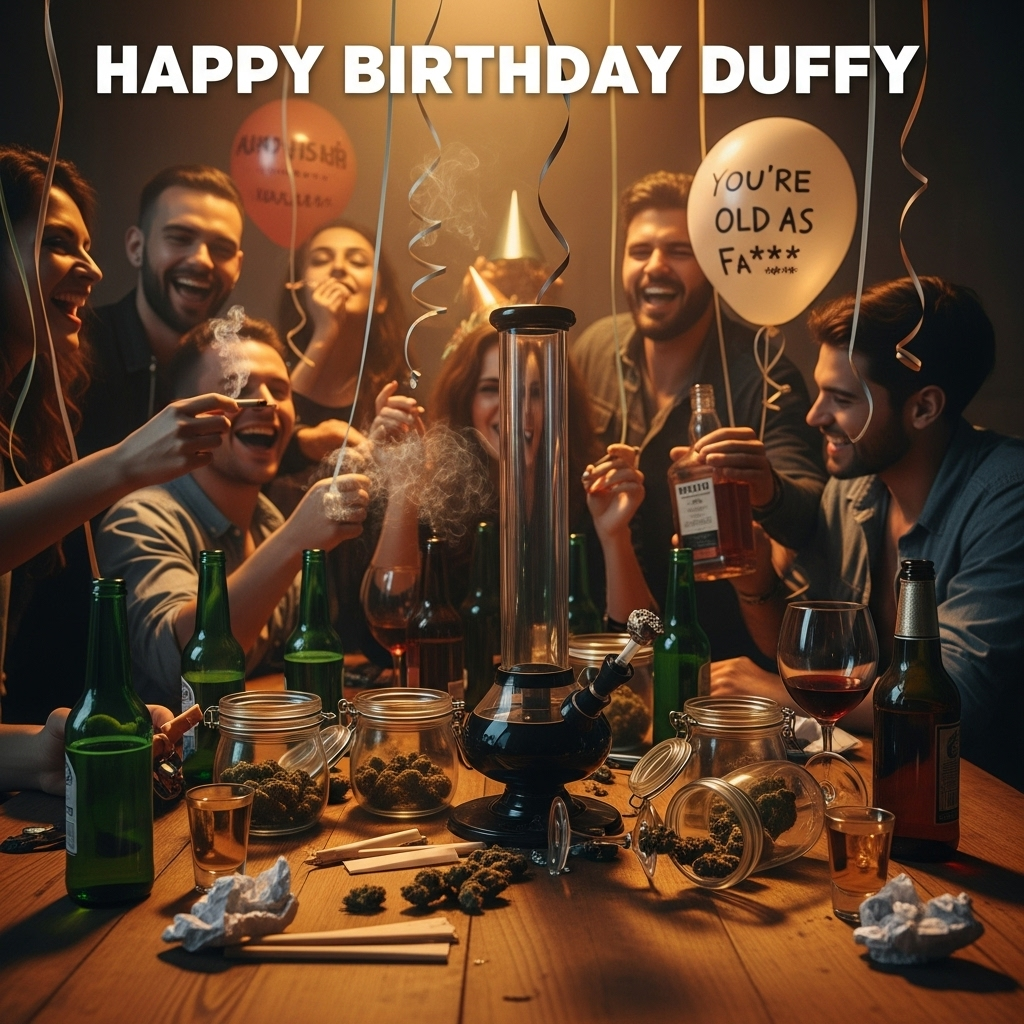 At the top of the photorealistic picture taken from a camera image, the text in bold, playful, cheeky font reads: **Happy birthday Duffy**.  

A 4K ultra-high-definition, hyper-realistic scene of a wild birthday afterparty: a cluttered wooden table littered with empty beer bottles, half-poured tequila shots, and a tipped-over wine glass, surrounded by crumpled rolling papers, open jars of cannabis buds, and a large bong still faintly steaming. In the background, a group of slightly out-of-focus, laughing partygoers in their late 20s/30s are mid-toast, one holding a joint and another clutching a bottle of whiskey, red-faced and clearly tipsy. Streamers and deflated balloons hang haphazardly, one balloon reading “You’re Old as F***” in marker. The warm, low amber lighting makes the scene feel intimate and a bit naughty, with visible haze in the air from both smoke and booze-fuelled antics.  

Would you like me to also add a **subtle extra rude tagline** at the bottom for extra bite?
Generated with these themes: Cannabis , Alcohol , and .
Made with ❤️ by AI.