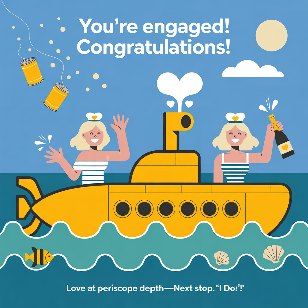 At the top of the Vector Style image, "You’re Engaged! Congratulations!"

At the bottom of the image, "Love at periscope depth—next stop: ‘I do’!"

Scene description in clean flat-vector art with crisp lines, solid color blocks, minimal gradients, and modern graphic design precision:
- Centerpiece: a sleek, bright yellow submarine cruising through stylized teal-blue waves. Simple geometric hull, bold circular portholes, a clean periscope puffing out heart-shaped bubbles.
- On deck: two joyful blonde women (adult), one flashing a sparkling engagement ring while the other pops a champagne bottle; both in playful striped sailor tops with tiny bridal veils fluttering. Big smiles, lively poses.
- Whimsical details: trailing tin cans clinking like a “just engaged” nod (no text), confetti-like dots drifting in the air, a couple of friendly flat fish and seashell icons near the waves.
- Background: wide open sky in a single soft blue with a flat sun and a couple of simple white cloud shapes for balance; no texture.
- Color palette: sunshine yellow, ocean teal, coral pink accents, navy, crisp white, and a touch of gold on the ring.
- Typography: bold modern sans-serif for the headline at the top; playful rounded sans-serif for the punchline at the bottom; generous spacing and high contrast for easy readability.
- Composition: text-first layout with the submarine and couple centered; keep everything clean, minimal, and cheeky.
Generated with these themes: Two blonde girls on a Yellow submarine, and .
Made with ❤️ by AI.