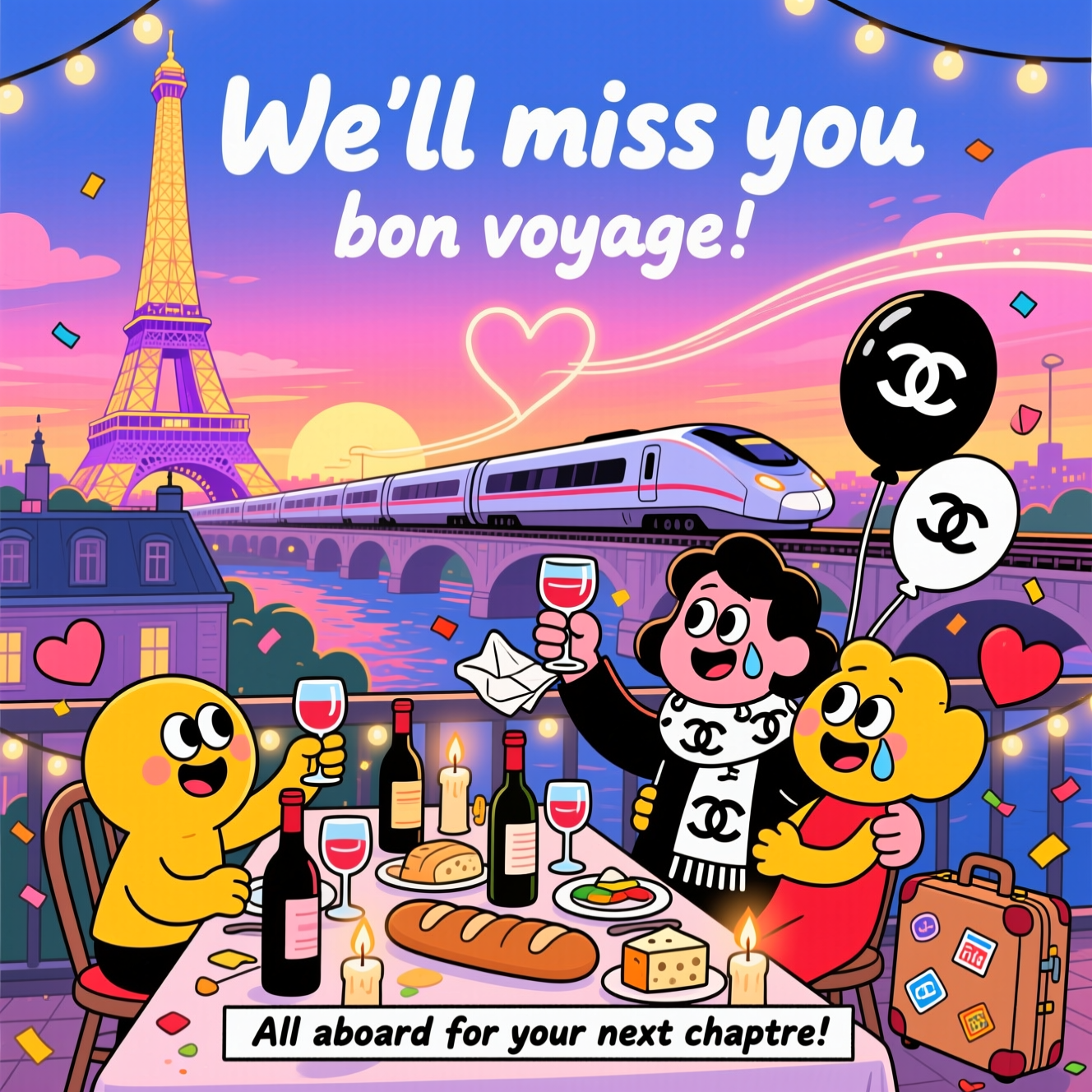 At the top of the Cartoon Style image, We'll miss you

A warm Parisian sunset over a rooftop terrace, the Eiffel Tower glowing lavender-gold in the distance while a sleek TGV train glides across a bridge over the Seine, its light trail curling into a soft heart. Foreground: a lively farewell dinner party scene at a long table brimming with wine bottles and clinking glasses, baguettes, cheeses, and flickering candles under twinkling string lights. Playful cartoon characters with exaggerated proportions, thick bold outlines, and bright saturated colors—big expressive eyes, oversized toasting hands, sincere teary smiles and warm hugs. The honoree, chic in a scarf with a subtle double-C Chanel logo pattern, raises a glass; napkins and one classy black-and-white balloon also carry the Chanel logo motif. Energetic, whimsical poses; confetti hearts floating; a small suitcase by the chair with travel stickers. Composition sweeps from train to tower to table, radiating heartfelt “bon voyage” warmth.

Style notes: bright, punchy palette (sunset pinks, cobalt blues, canary yellow, cherry red), flat fills with gentle gradients, thick inky outlines, soft glow, tiny sparkles. Render the headline in friendly hand-lettered white text with a navy outline, leaving generous sky space at the top.

Additional small text to enhance the image: at the bottom in a slim ribbon banner, “All aboard for your next chapitre!”
Generated with these themes: Paris, eiffel tower, trains, chanel logo, wine, hosting dinner parties, and .
Made with ❤️ by AI.