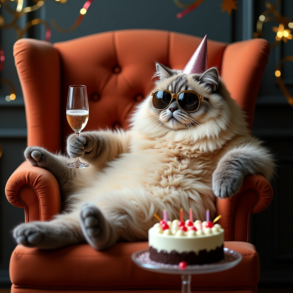 Big fat furry cat with a glass of champagne Birthday Card